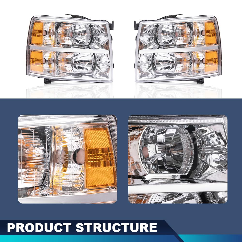 Pit66 Headlights Assembly Pair Compatible With Chevy Silverado 1500 2007-2013/Silverado 2500 3500 & Hd 2007-2014 Clear Lens Chro
