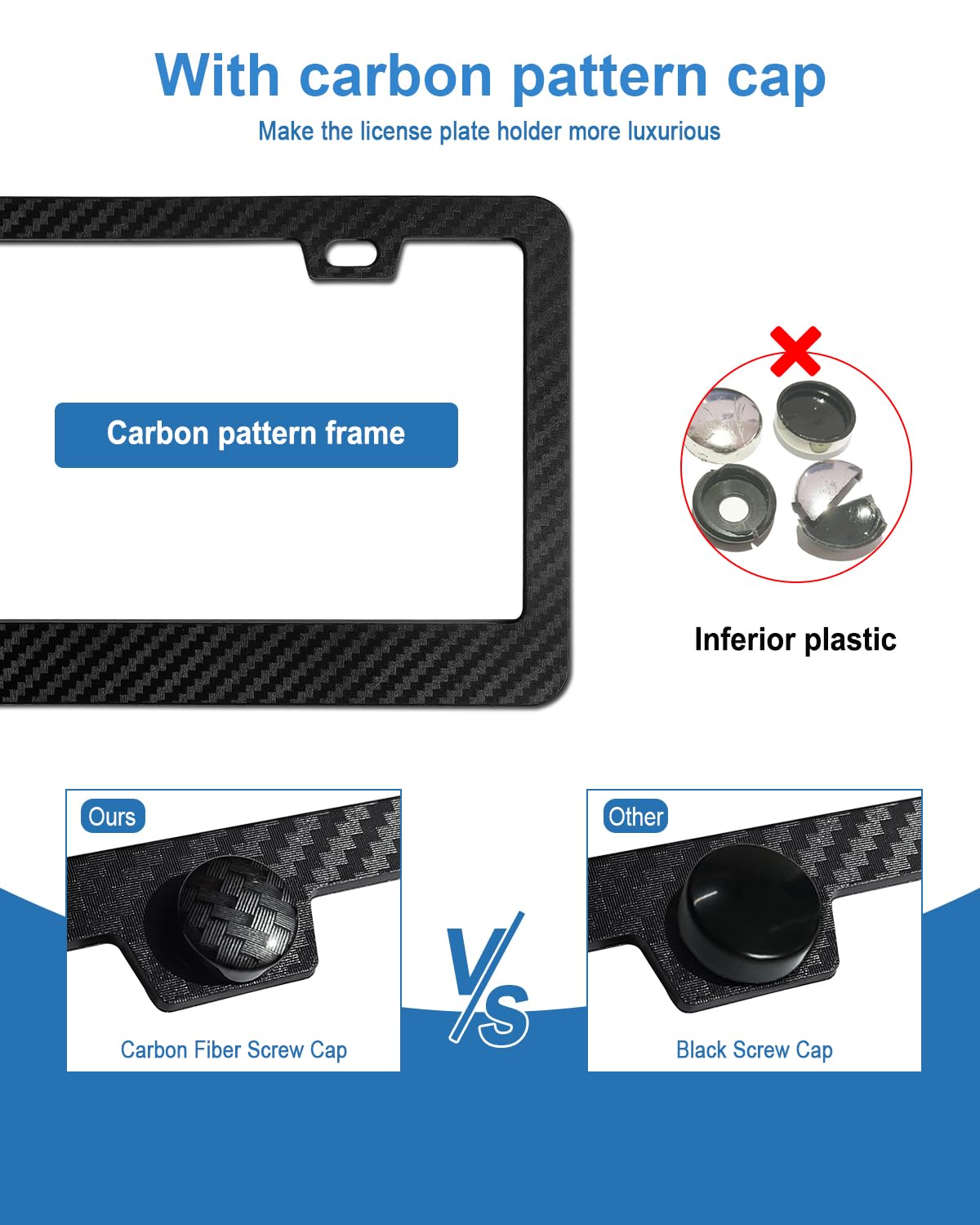 FBJTDQ Carbon Fiber License Plate Frames - Black Plastic Car Tag Holder Cover Printed Carbon Pattern with Screws Caps Handlebar
