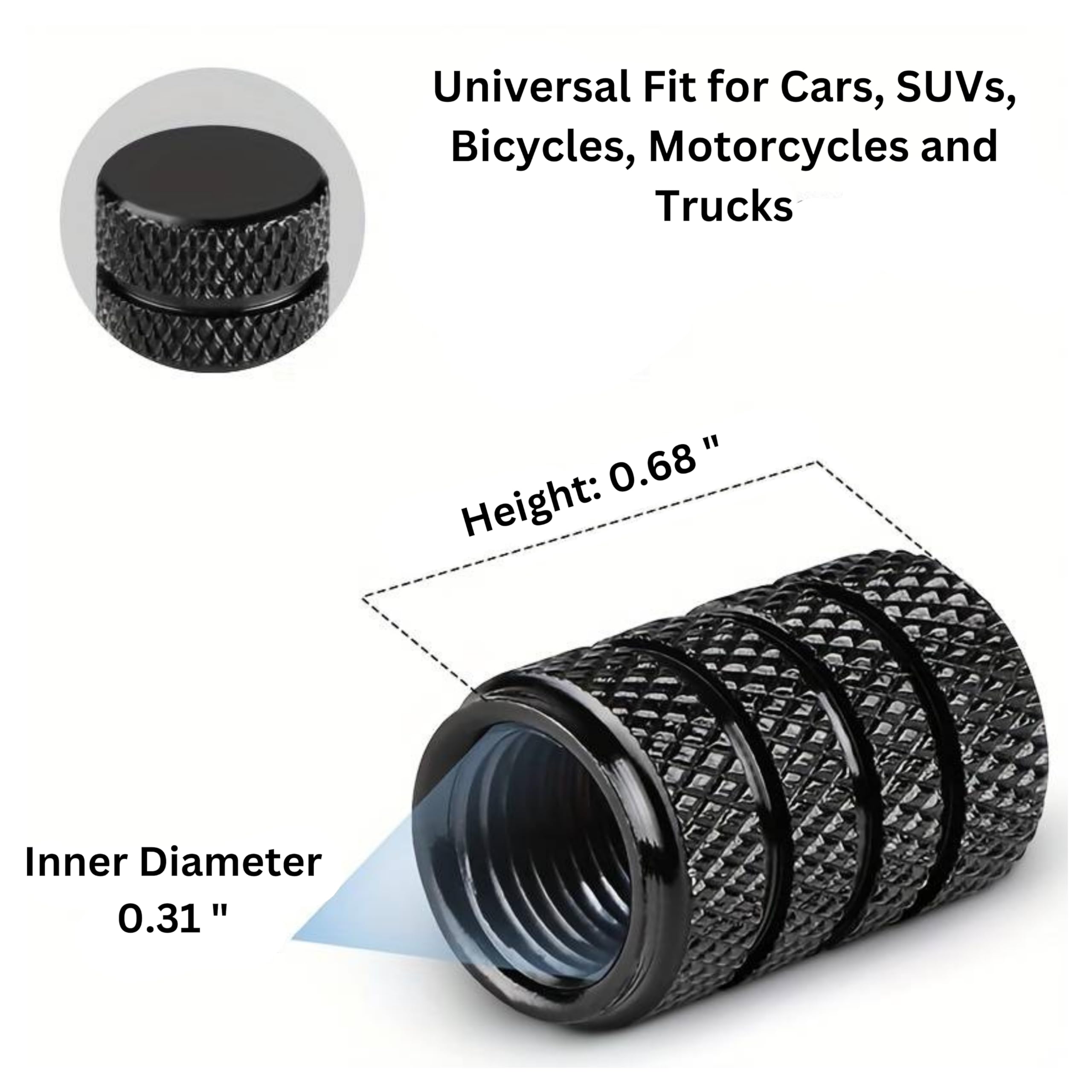 Generic Tire Valve Stem Caps, Tire Valve Cover, Black Aluminum, 4 Pcs/Pack, Anodized Finish, Universal Valve Cap Set For Cars, T