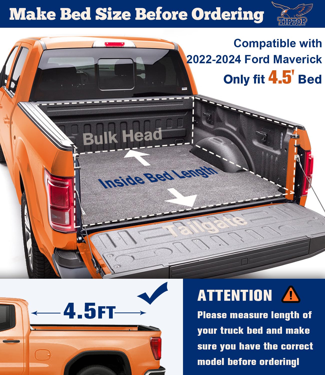 Tiptop Tri-Fold Hard Tonneau Cover Truck Bed Frp On Top For 2022 2023 2024 2025 Ford Maverick 4.6Ft Bed (54.4'') | Tpm3 |