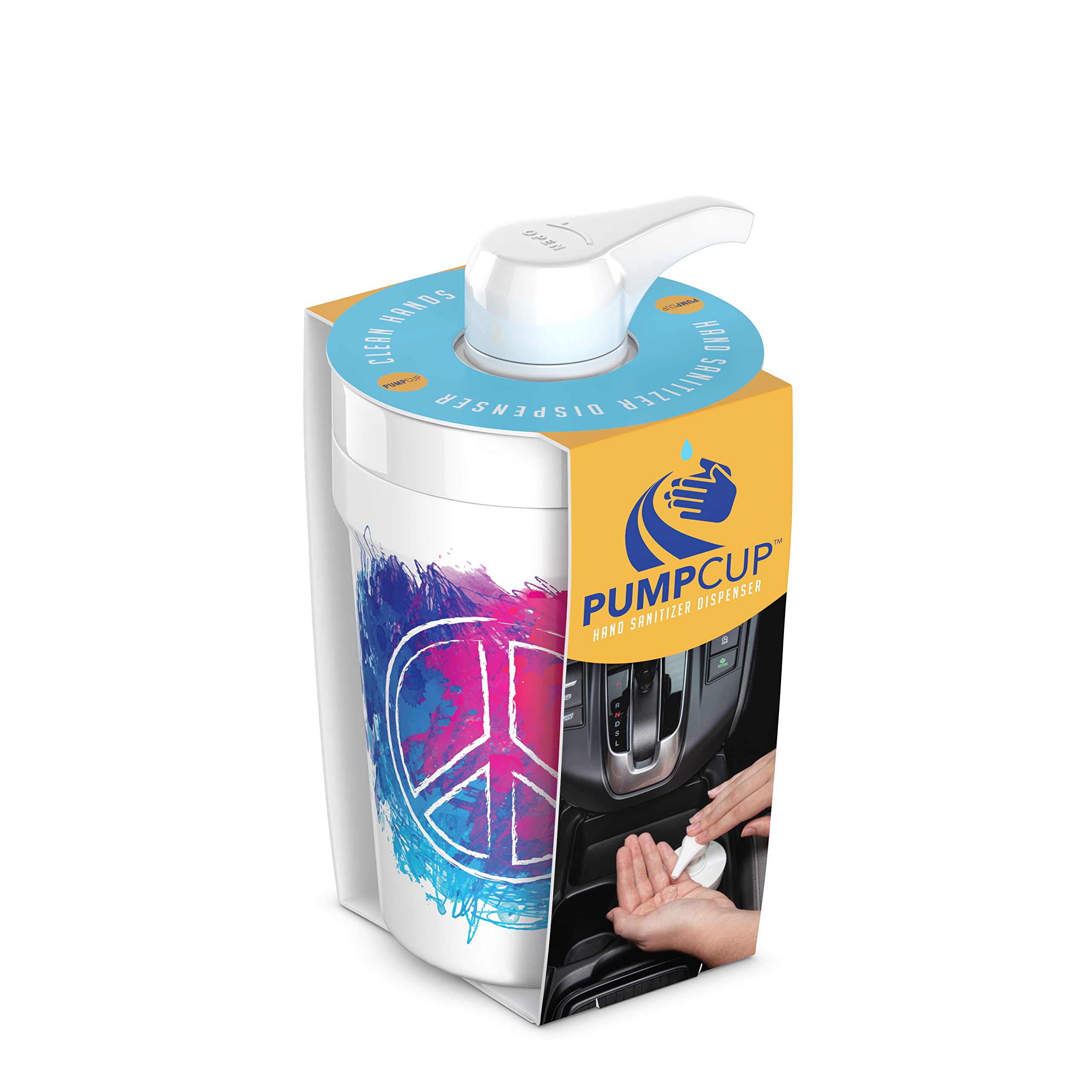 PumpCup Portable Hand Sanitizer Dispenser for Car Cup Holders (Peace Out)