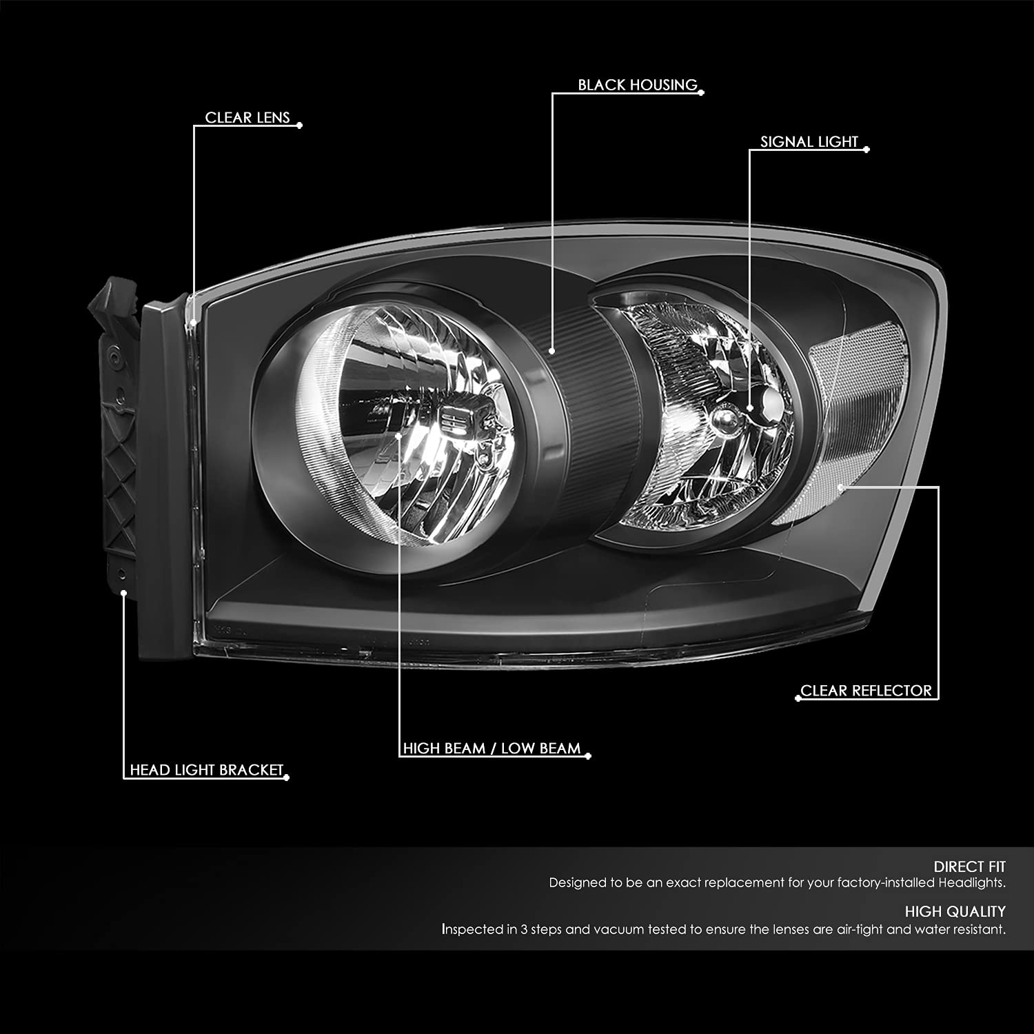 Auto Dynasty Factory Style Headlights Assembly Head Lamps Compatible With Dodge Ram 1500 2500 3500 06-09, Driver And Passenger S