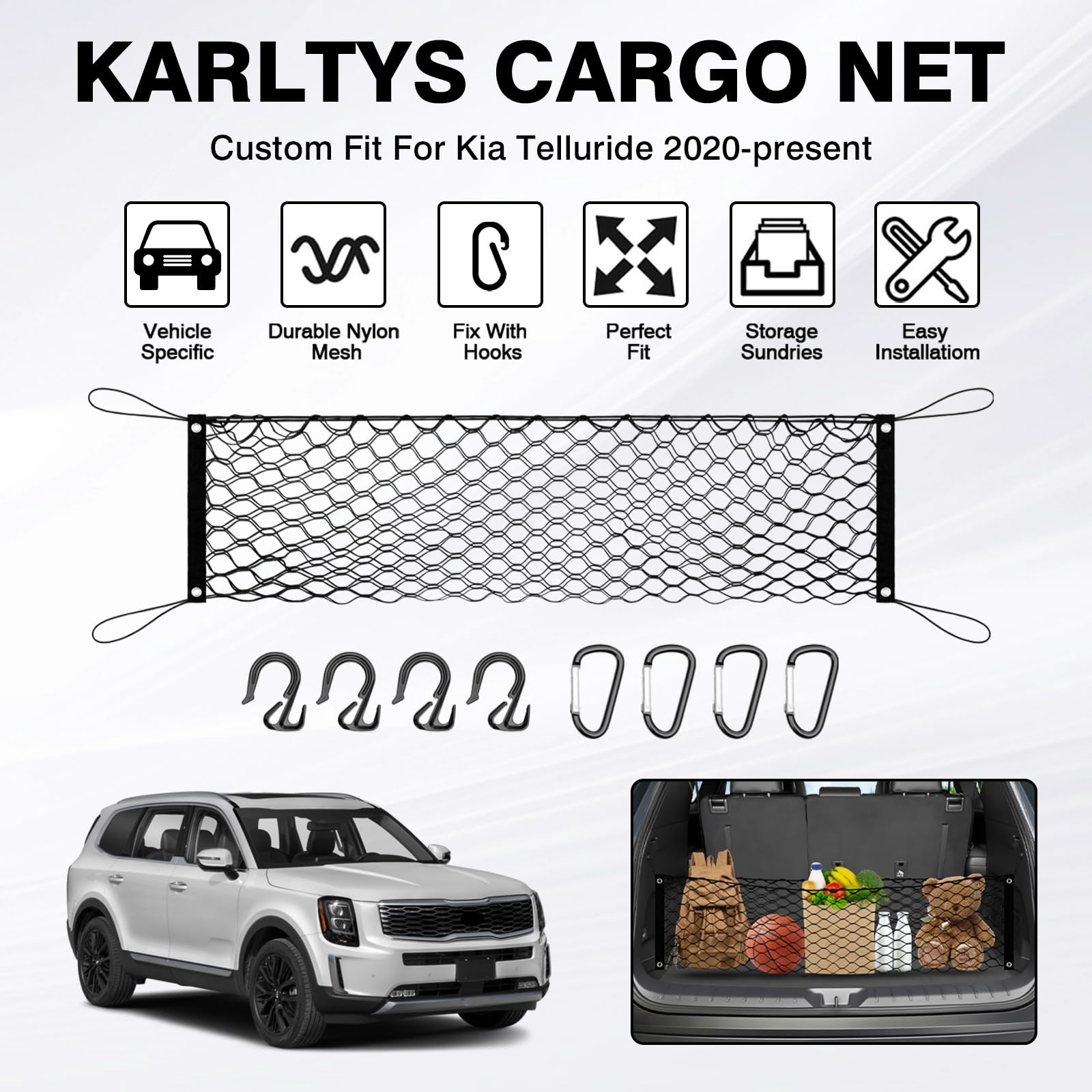 Karltys Envelope Style Cargo Net For Kia Telluride 2025 2024 2023 2022 2021 2020, Elastic Heavy Duty Rear Trunk Mesh Cargo Netti
