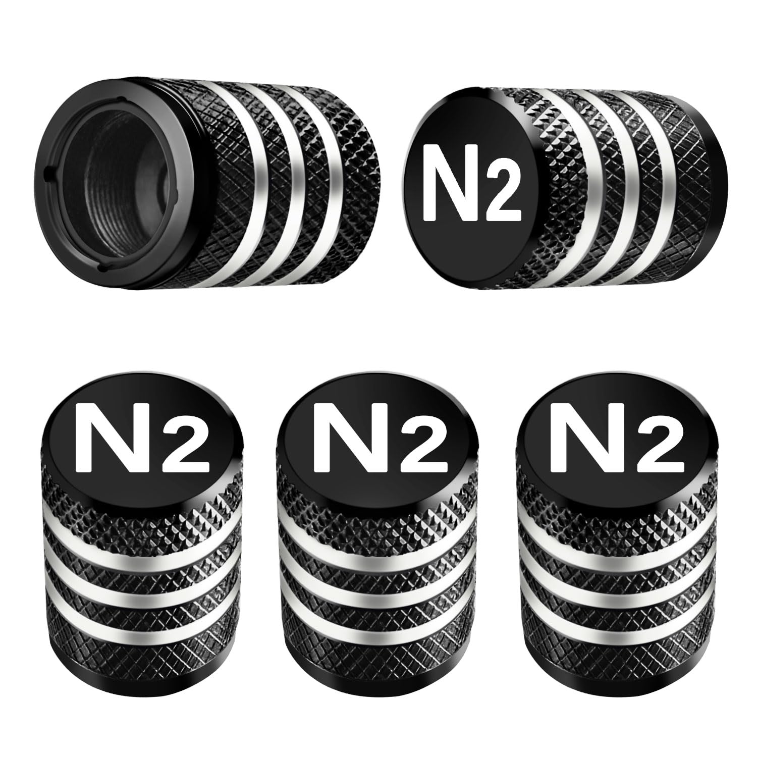 Tire Valve Stem Caps Cover - (5 Pack) Tire Air Cap N2 Nitrogen Metal With Plastic Liner Corrosion Resistant Leak-Proof For Car Truck Motorcycle Bike Black