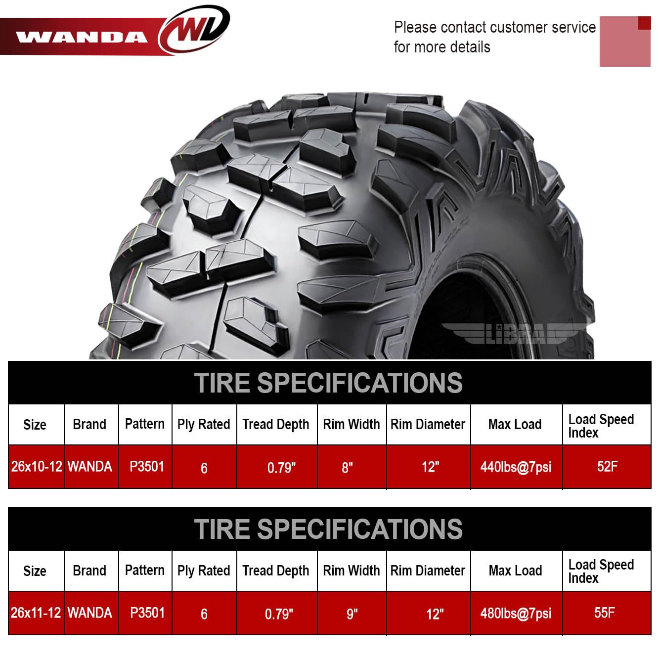 Wanda Set Of 4 Atv Utv Tires 26X10-12 Front & 26X11-12 Rear 6Pr Big Horn Style