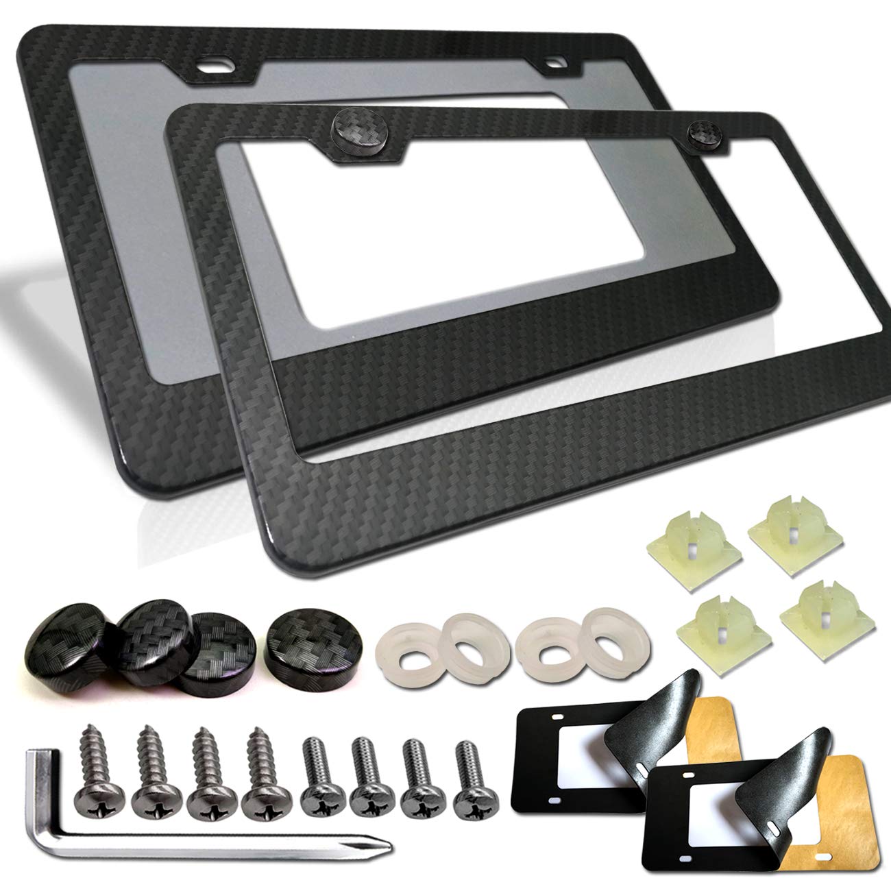 Aootf Carbon Fiber License Plate Frames - 2 Pack Black Aluminum 2 Holes Front & Rear Car Tag Cover Holder With Stainless Steel Screws, Caps And 2Pcs Anti-Rattle Foam Pads