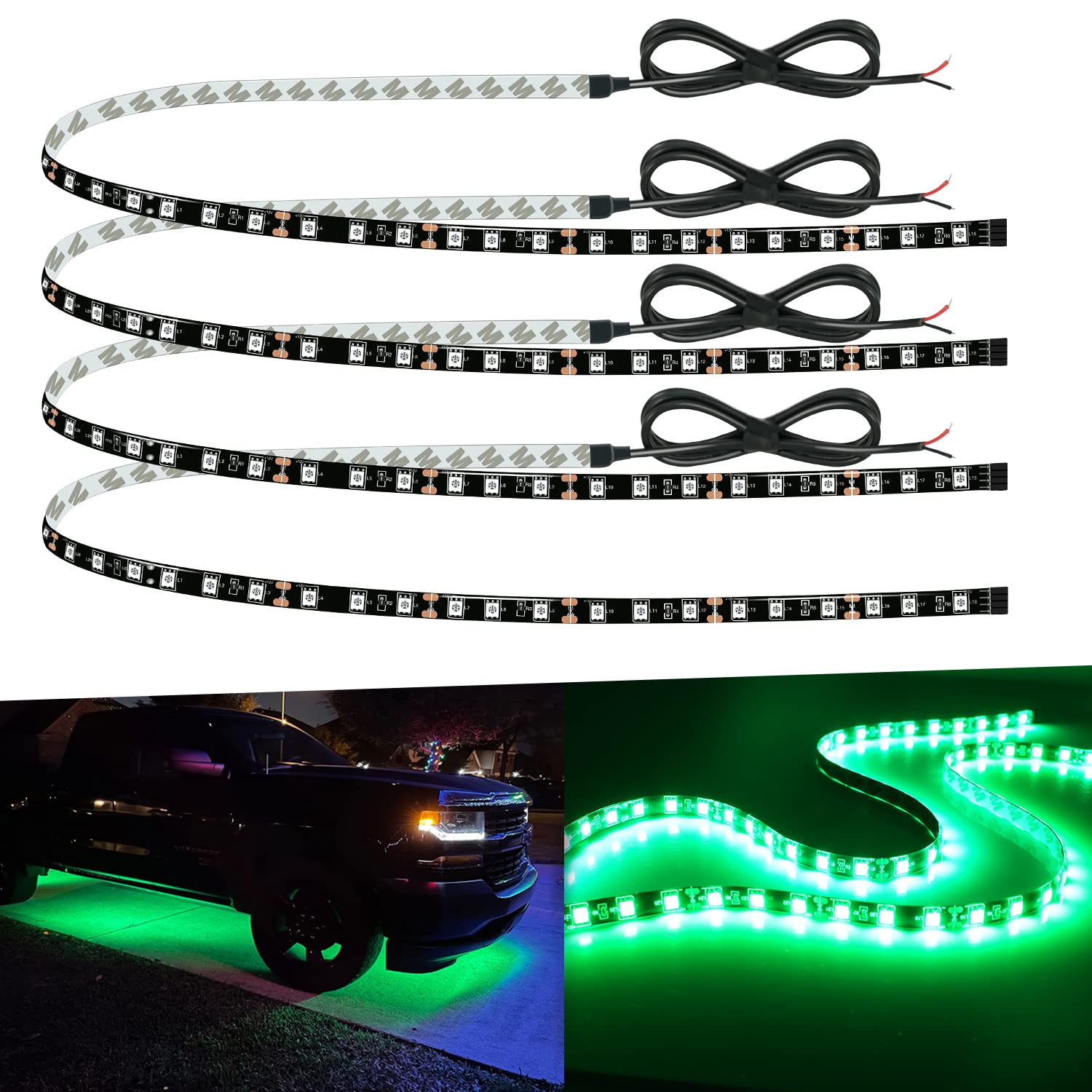 Car Led Strip Lights 24' Connectable Green 12V Led Light Strip For Cars Golf Cart Boat Marine Motorcycle Waterproof Led Strip, 4Pack