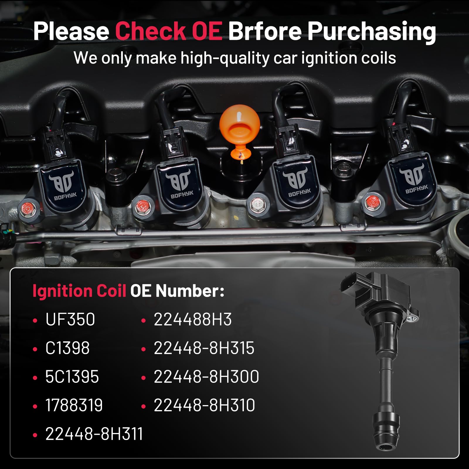 Bdfhyk Ignition Coils Pack Compatible With Nissan Altima Sentra X-Trail L4 2.5L Coil For Uf350 224488H3 C1398 22448-8H315 22448-