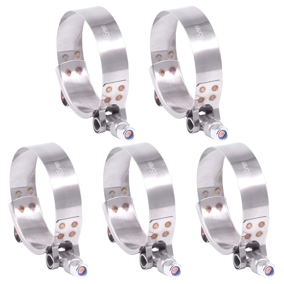 Hilitchi 5Pcs Stainless Steel T-Bolt Clamps With Rounded Band Edges Heavy Duty Turbo Intake Intercooler Clamp (57-65Mm) For 2 In