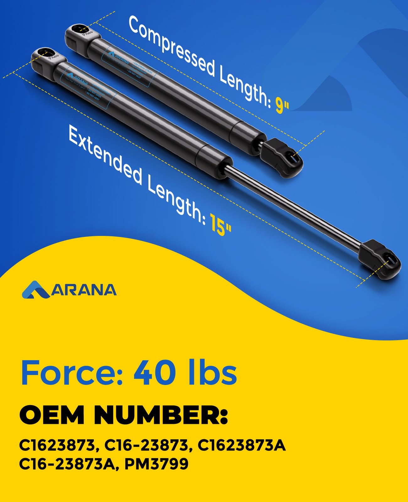 Arana C16-23873A Gas Struts 15 Inch 40Lb Shocks 15'' 40 Pound Gas Spring Lift Support For Leer Camper Shell A.R.E Truck Cap Wind