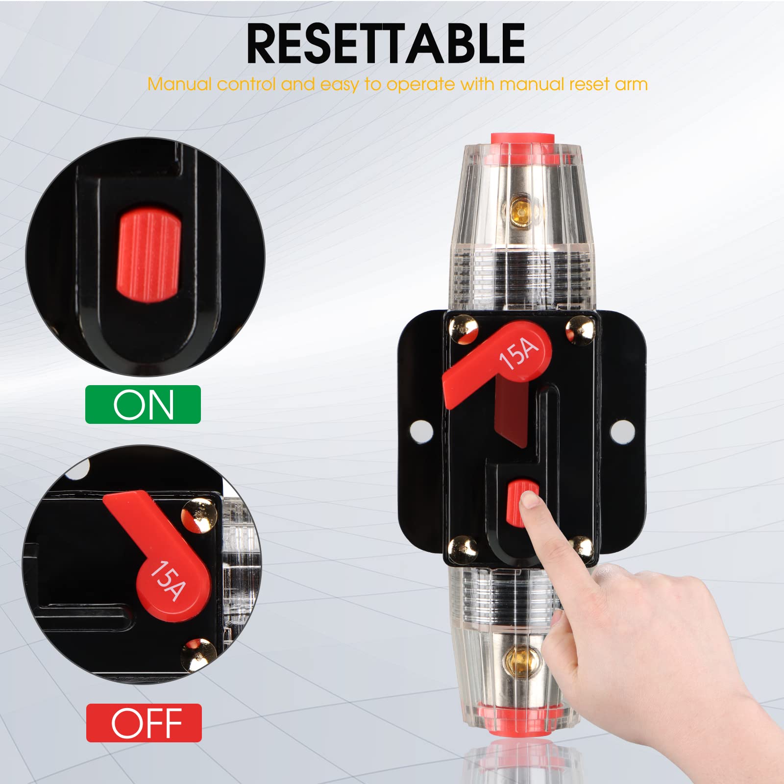 M1A2 Circuit Breaker Switch 15A Waterproof Fuse Inline Holder Resettable Fuse Manual Reset 12V-48V Dc For Car Audio Sound Amplif