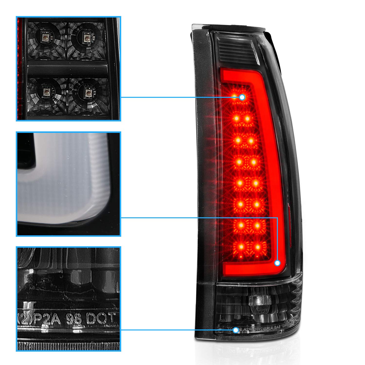 AmeriLite C-Type LED Tail Lights Set for 1988-1999 Chevy GMC Trucks, Clear Matte Black, Passenger & Driver Side