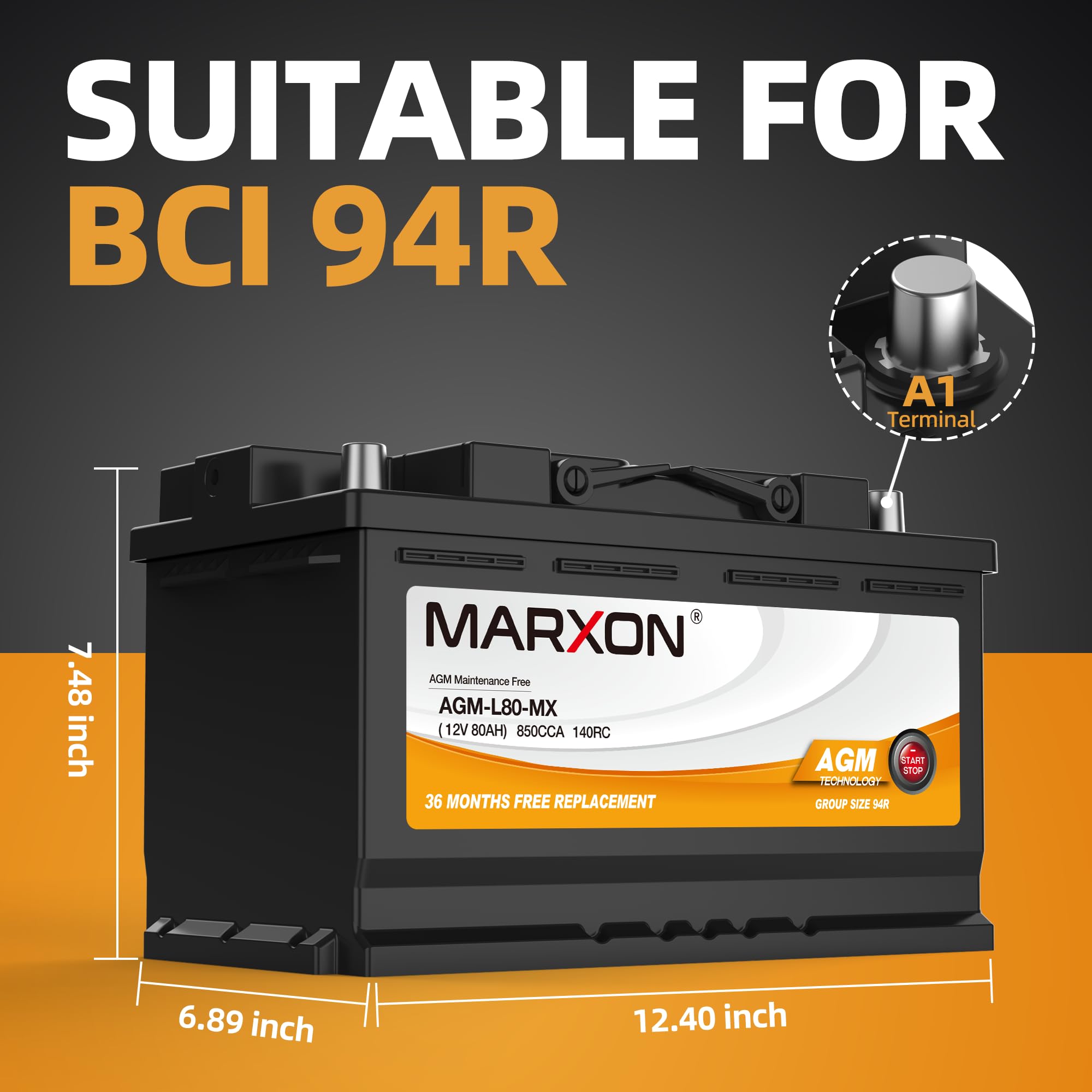 MARXON Group 94R H7 L4 Start and Stop Car Battery 12v 80AH 850CCA AGM BCI94R Maintenance Free Automotive Replacement Batteries 3