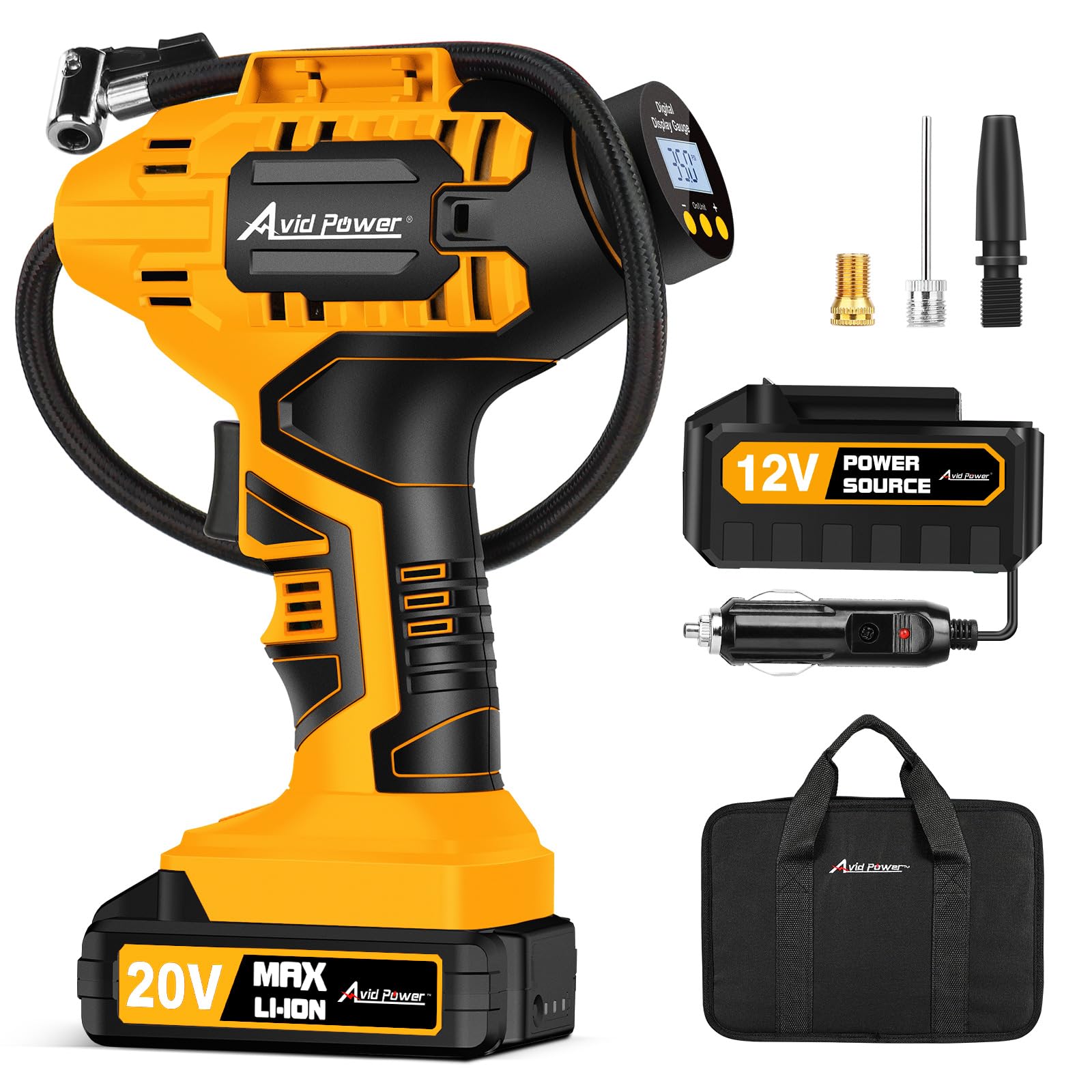 Avid Power Tire Inflator Portable Air Compressor, 20V Cordless Car Tire Pump With Rechargeable Li-Ion Battery, 12V Dc Adapter, D