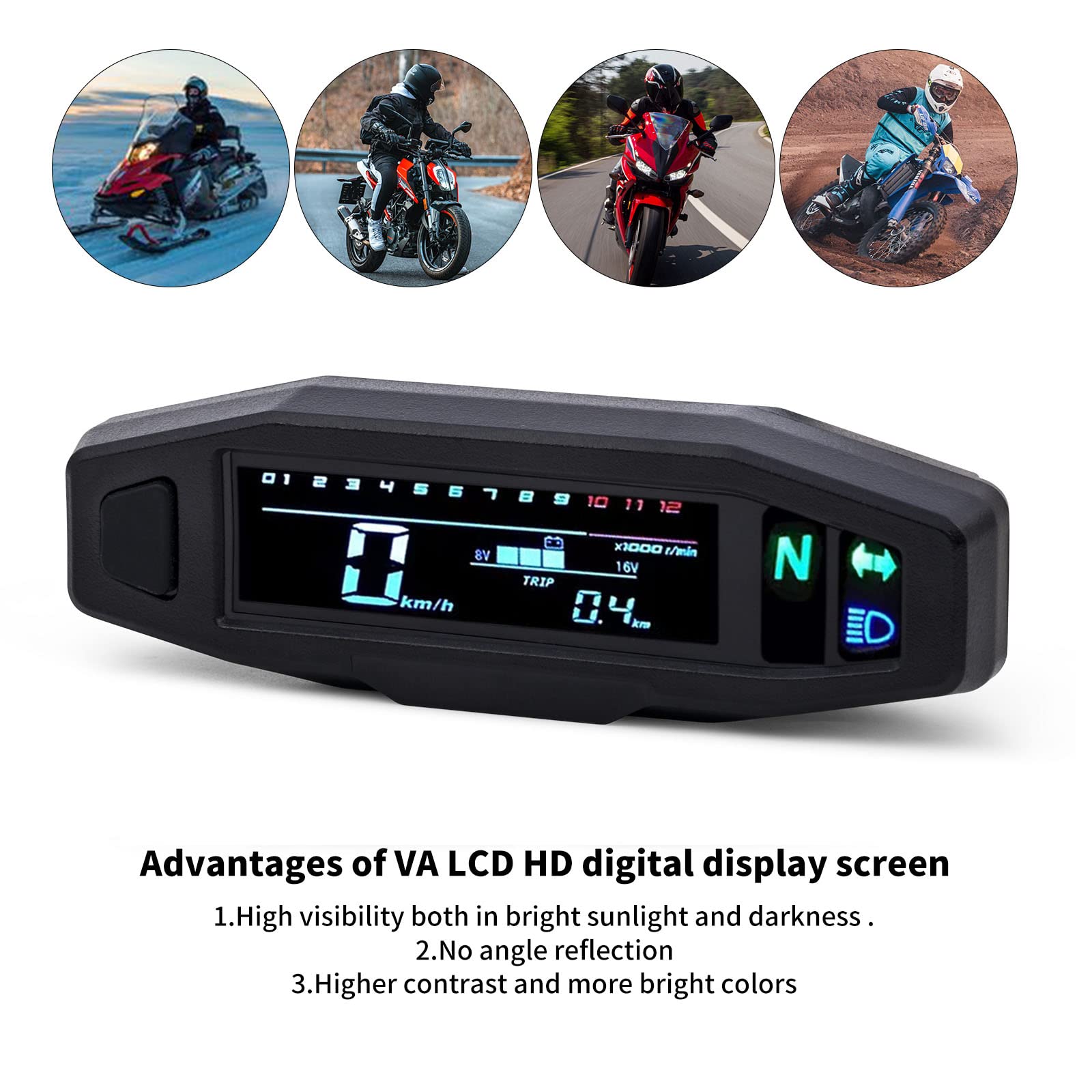 WHALETAIL Universal Motorcycle Speedometer 6 Gear 12000 RPM Km/h MPH Mini LCD VA Screen Digital Motorcycle Speedometer, Odometer