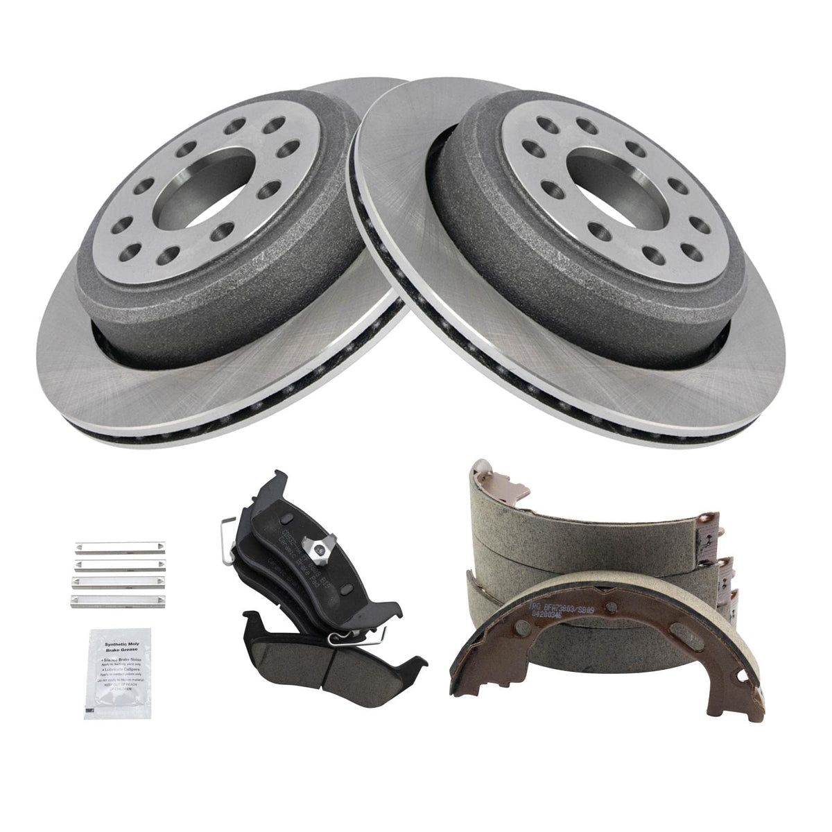 Trq Rear Brake Pad & Rotor Kit Brake Pads Brake Rotor Parking Brake Shoe Set Ceramic Compatible With 2003-2011 Lincoln Town Car