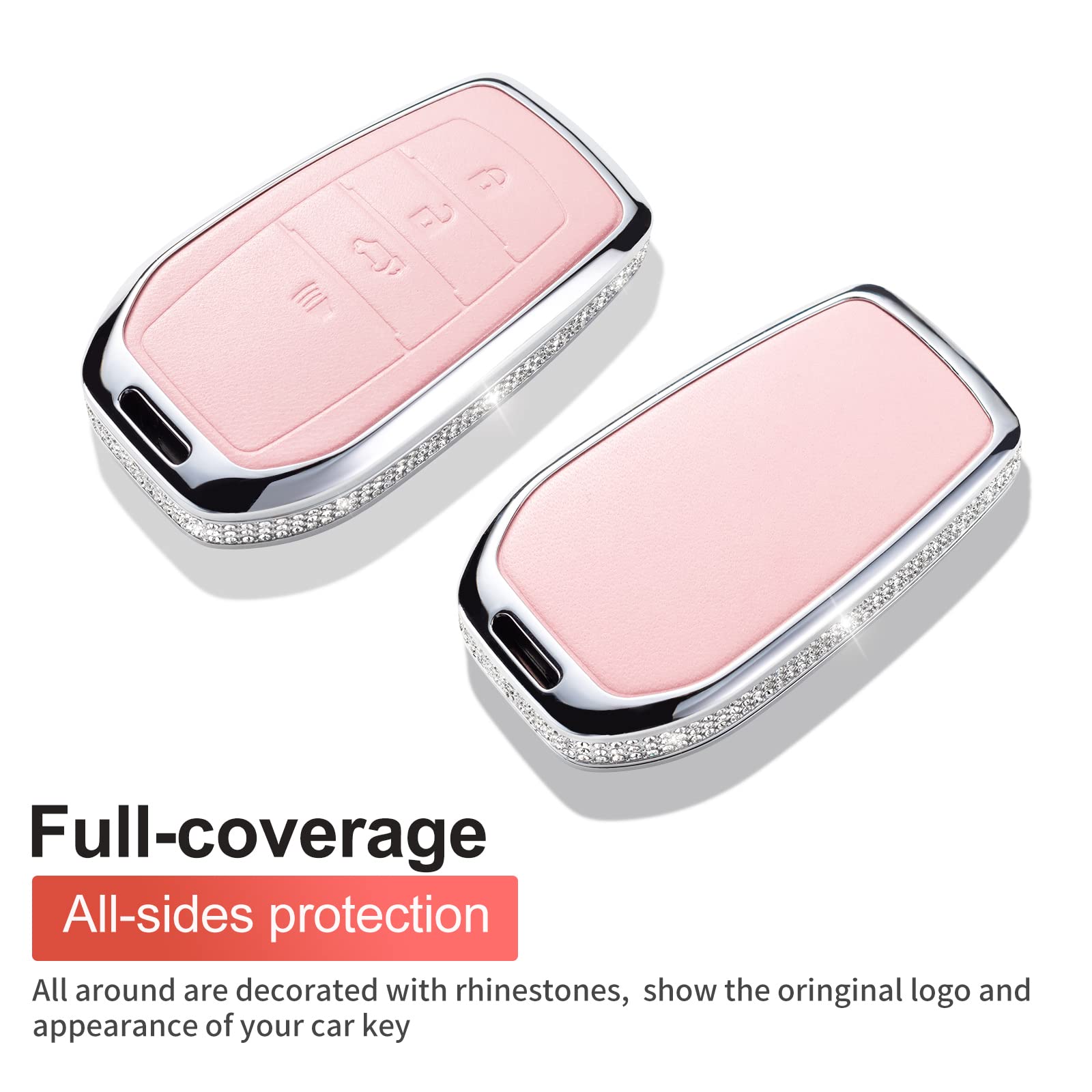 Ruabiban Compatible Toyota Key Fob Cover With Keychain, Pink Genuine Leather Crystal Case For Avalon Camry Corolla Rav4 Sequoia