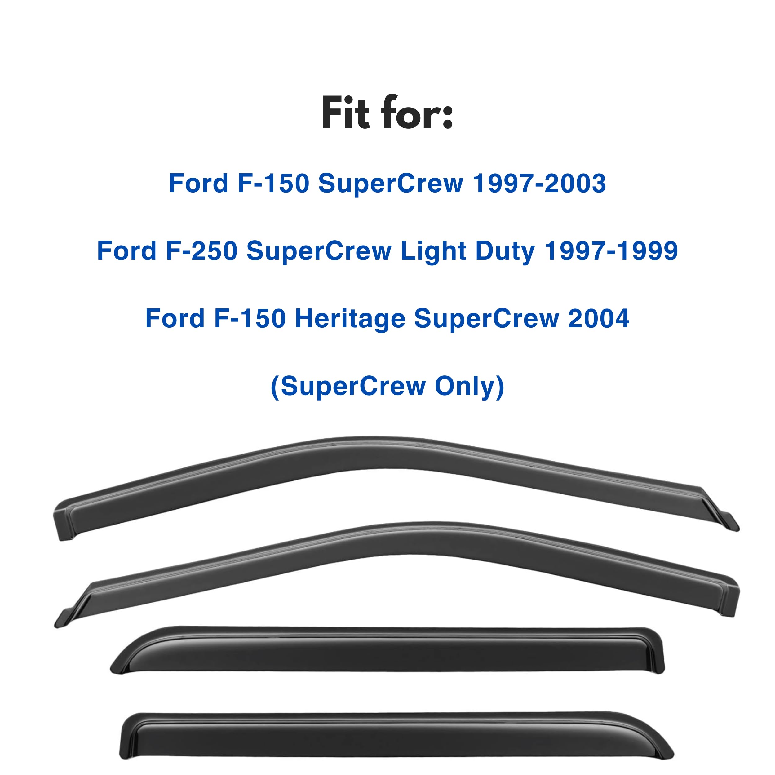 Ig Window Visor For 1997-2003 Ford F150 Supercrew & F150 Heritage Supercrew 2004 & F250 1997-1999, Rain Guard Tape-On Side Vent