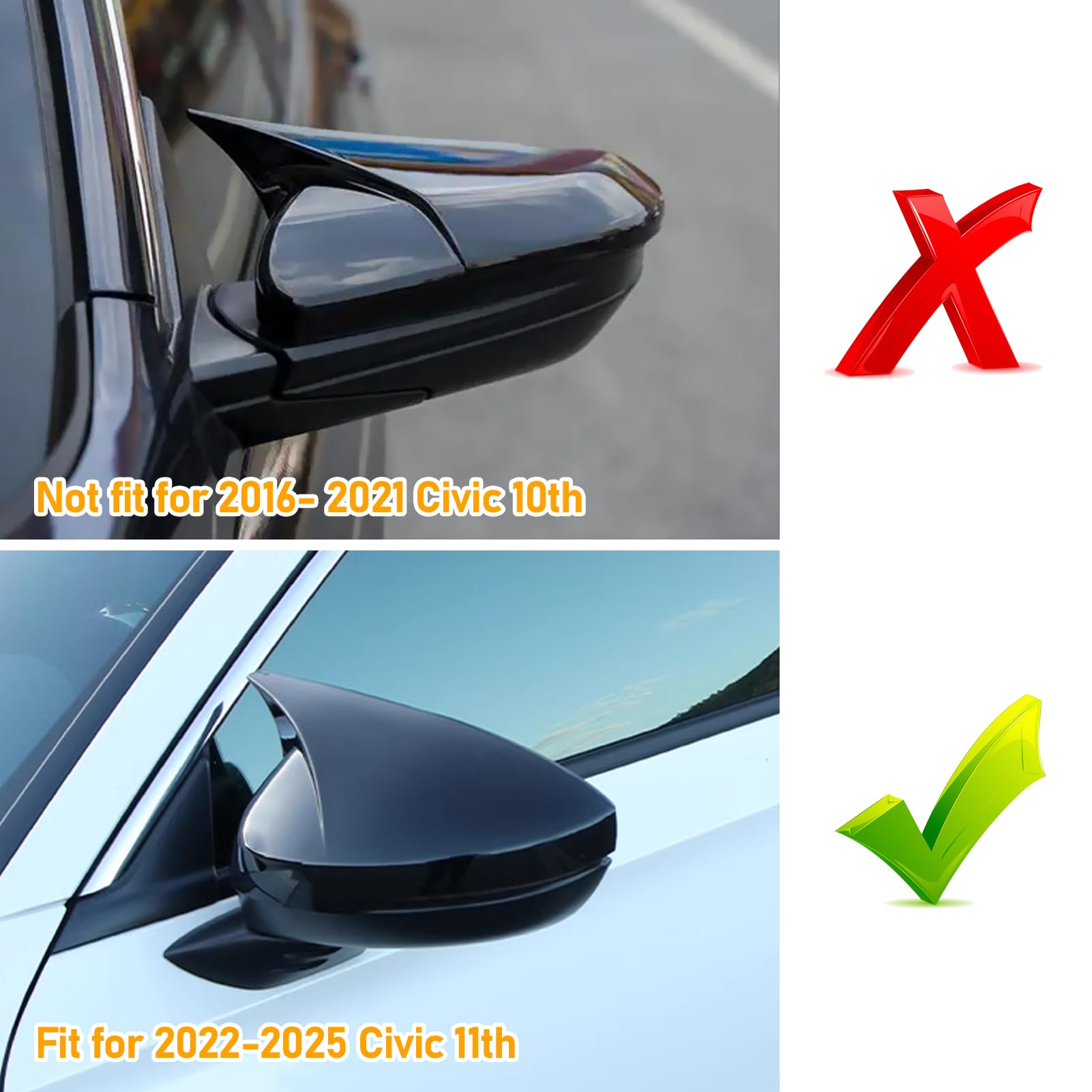 Moonlinks Compatible With 2022 2023 2024 2025 Honda Civic Side Ox Horn Mirror Cover Replacement,Glossy Black Lh & Rh Side Door E