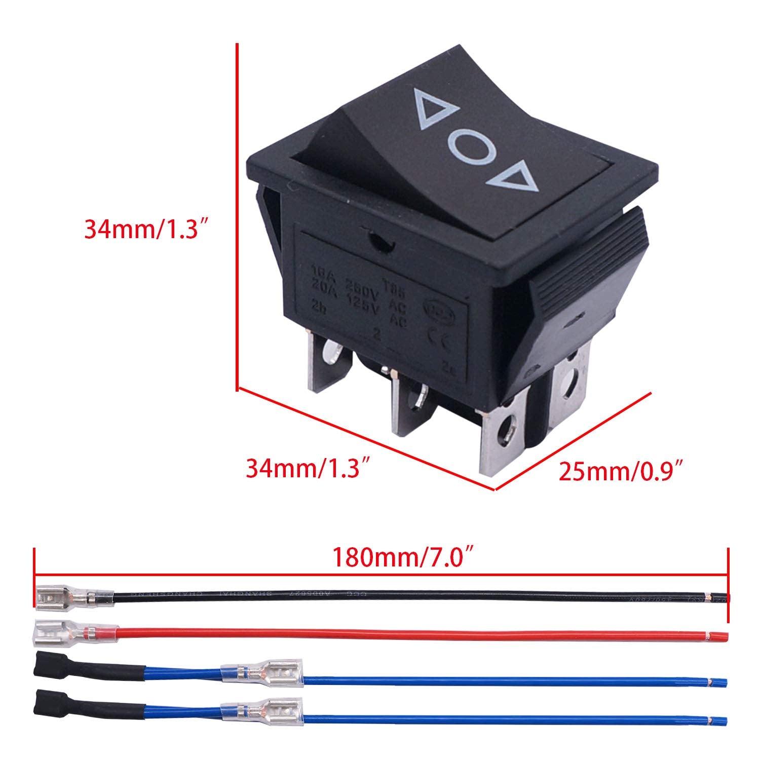 Weideer 20A 12V Dc Motor Polarity Reverse Rocker Switch Dpdt 6 Pin On-Off-On Boat Motor Control Switch With Jumper Wires Kcd2-20