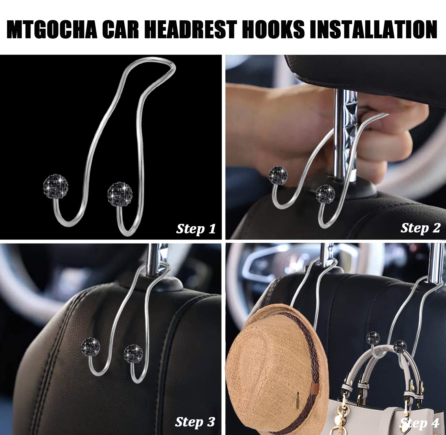 Mtgocha Bling Purse Hook For Car Headrest,Upgraded Cute Car Seat Hooks For Bag, Handbag Holder Purse Hanger For Car Bling Access