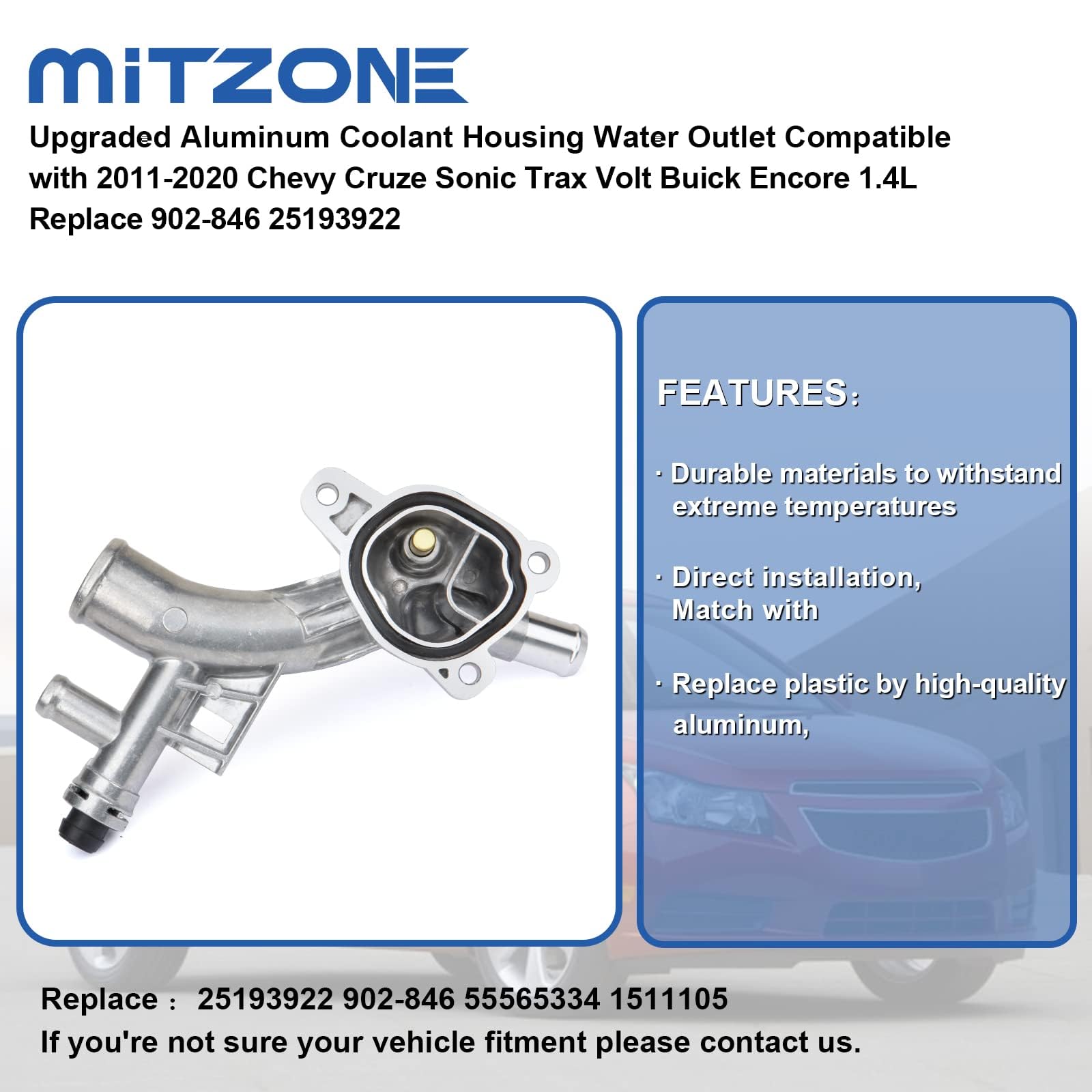 Mitzone Upgraded Aluminum Coolant Housing Water Outlet Compatible With 2011-2020 Chevrolet Cruze Sonic Trax Volt Buick Encore 1.