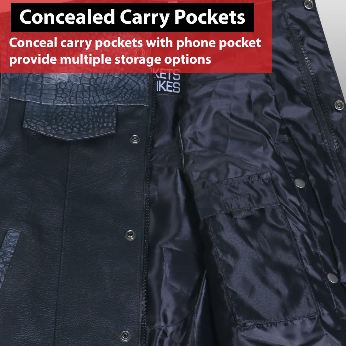 Soa Men 'S Leather Motorcycle Concealed Gun Pockets Biker Club Vest W/Armor Crocodile Black Xxl