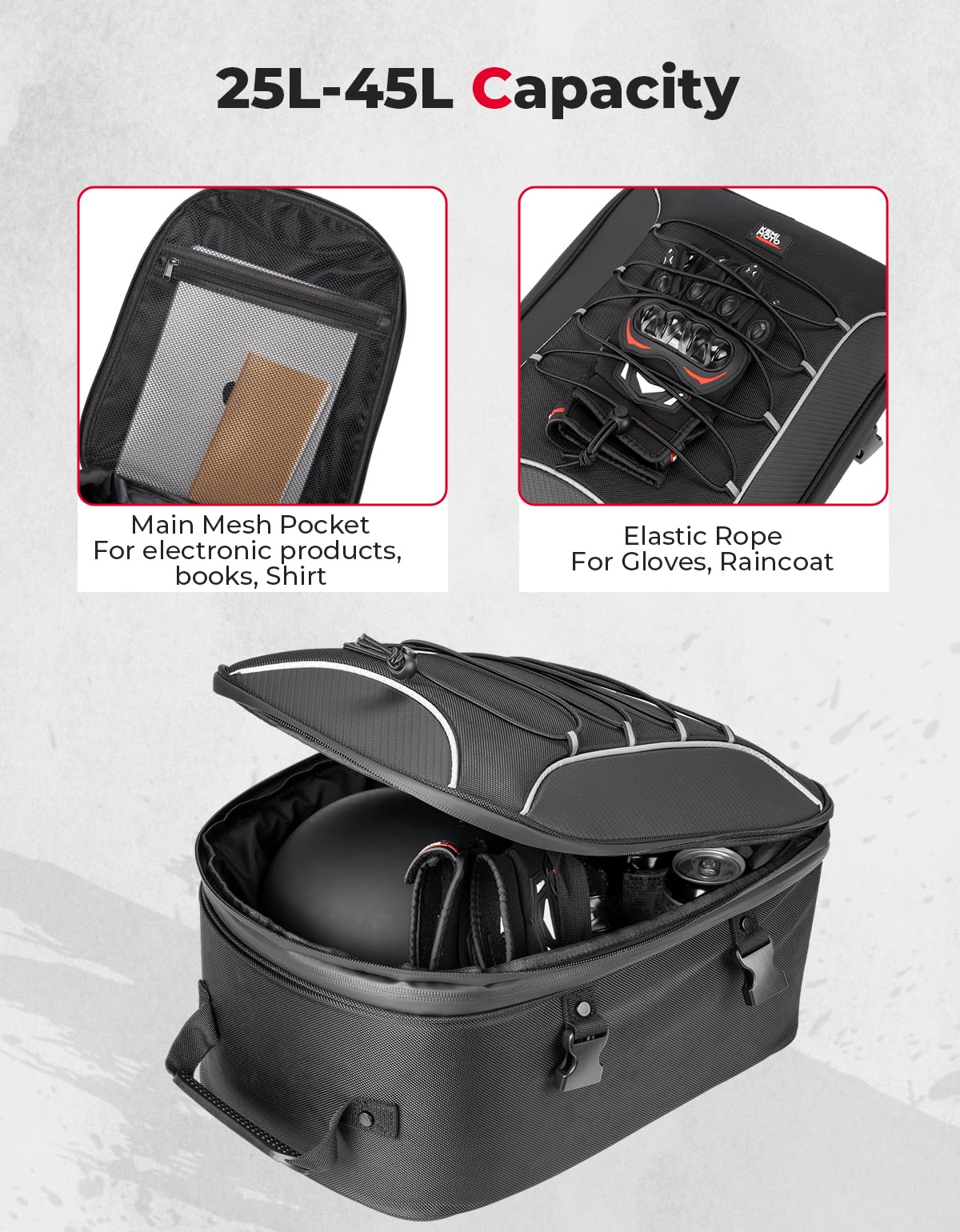 Kemimoto Motorcycle Tail Bag, Dual Use Motorcycle Rear Seat Bag With Waterproof Rain Cover, 25L-45L Expandable Motorbike Helmet