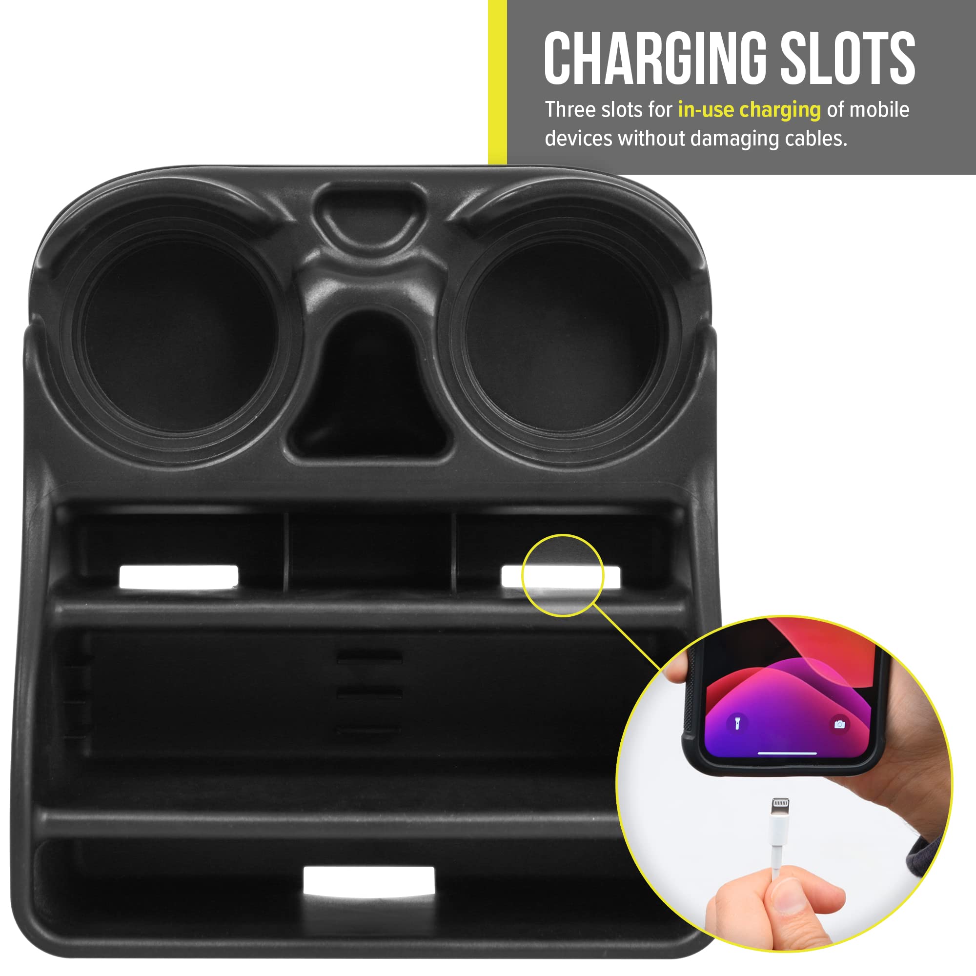 Moblorg Small Black Center Console Organizer for Cars, Trucks, Minivans & SUVs - Recycled Plastic, Cup Holders, Made in USA