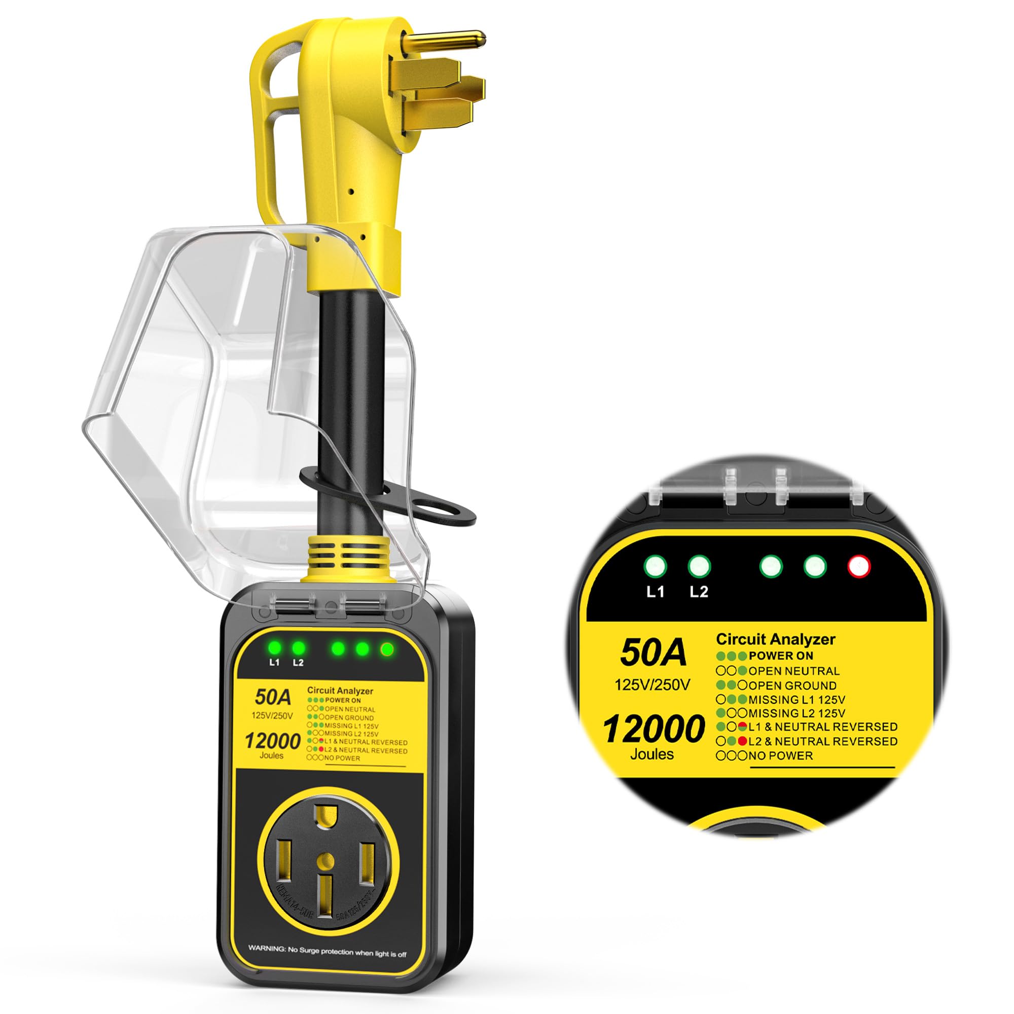 Millionhome Rv Surge Protector 50 Amp, 12000 J Rv Circuit Analyzer, Rv Surge Protection, 50A Rv Adapter Plug For Camper Yellow