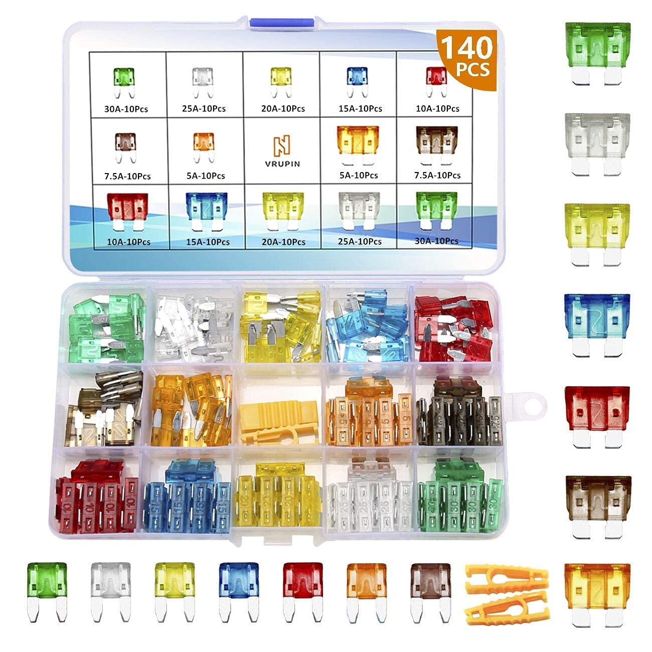 Vrupin 140Pcs -Car Fuses Assortment Kit,Car Fuse Kit, Blade-Type Automotive Fuses -Standard And Mini(5A/7.5A/10A/15A/20A/25A/30A