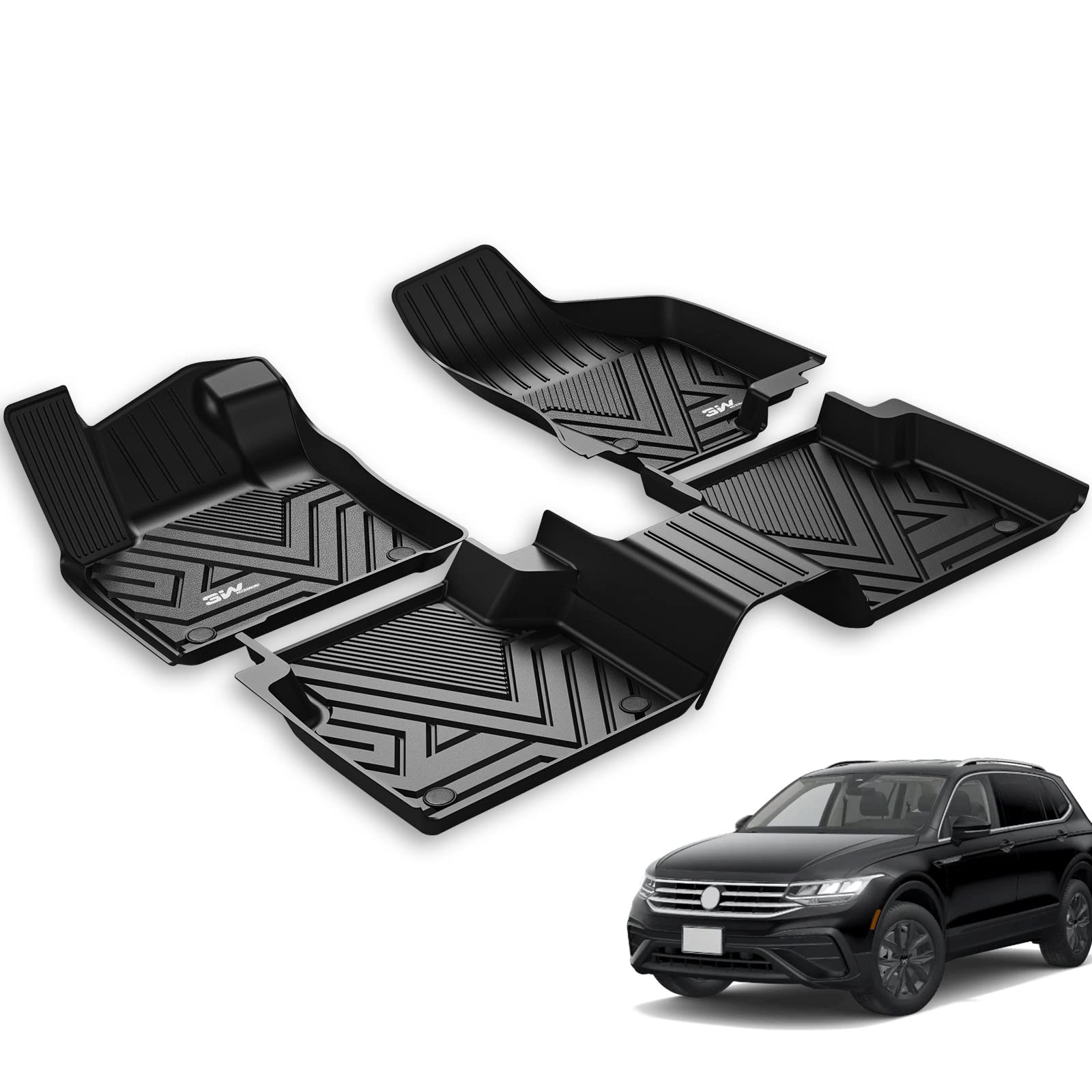 3W Floor Mats Compatible For Volkswagen Tiguan 2018-2024 All Models, Tpe Custom Fit All Weather Floor Liner 1St & 2Nd Row Full S