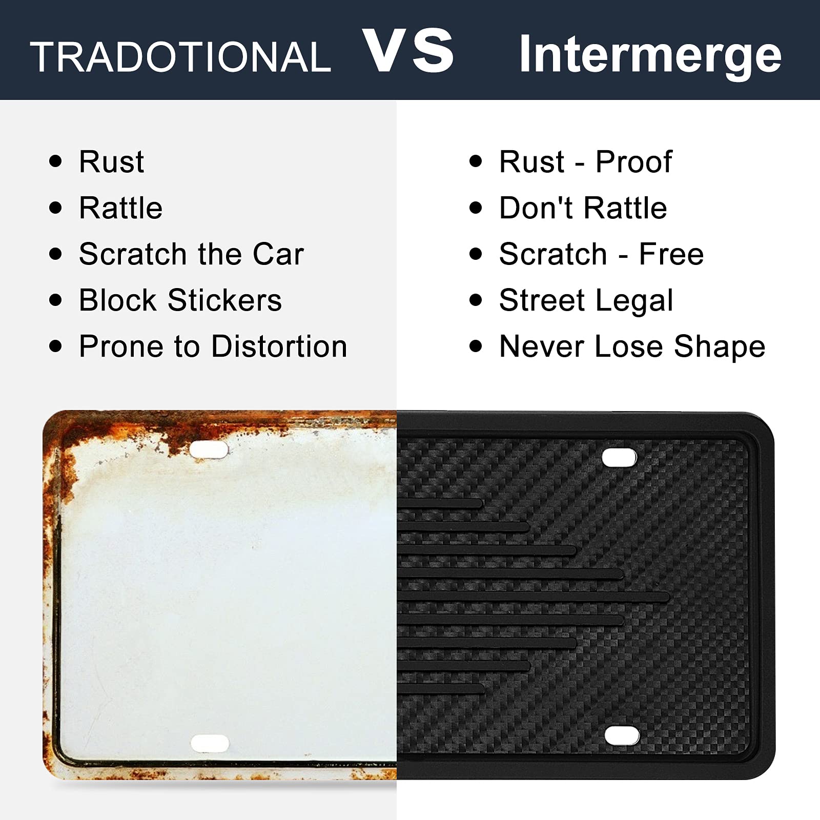 Intermerge License Plate Frames, 2 Pack, Universal Us Car Black Tpu Bracket Holder. Rust-Proof, Rattle-Proof, Weather-Proof With