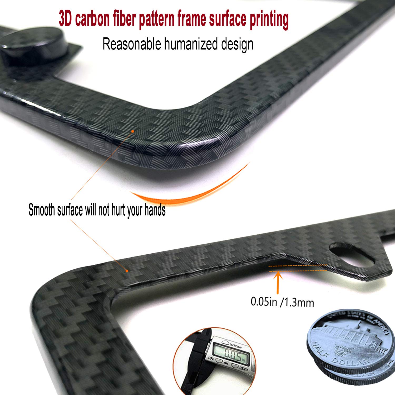 Youoy Carbon Fiber License Plate Frame- Black Aluminum Auto Car Tag Cover, 2 Pack Heavy Duty Holder For Us Front Rear Plate, Wit