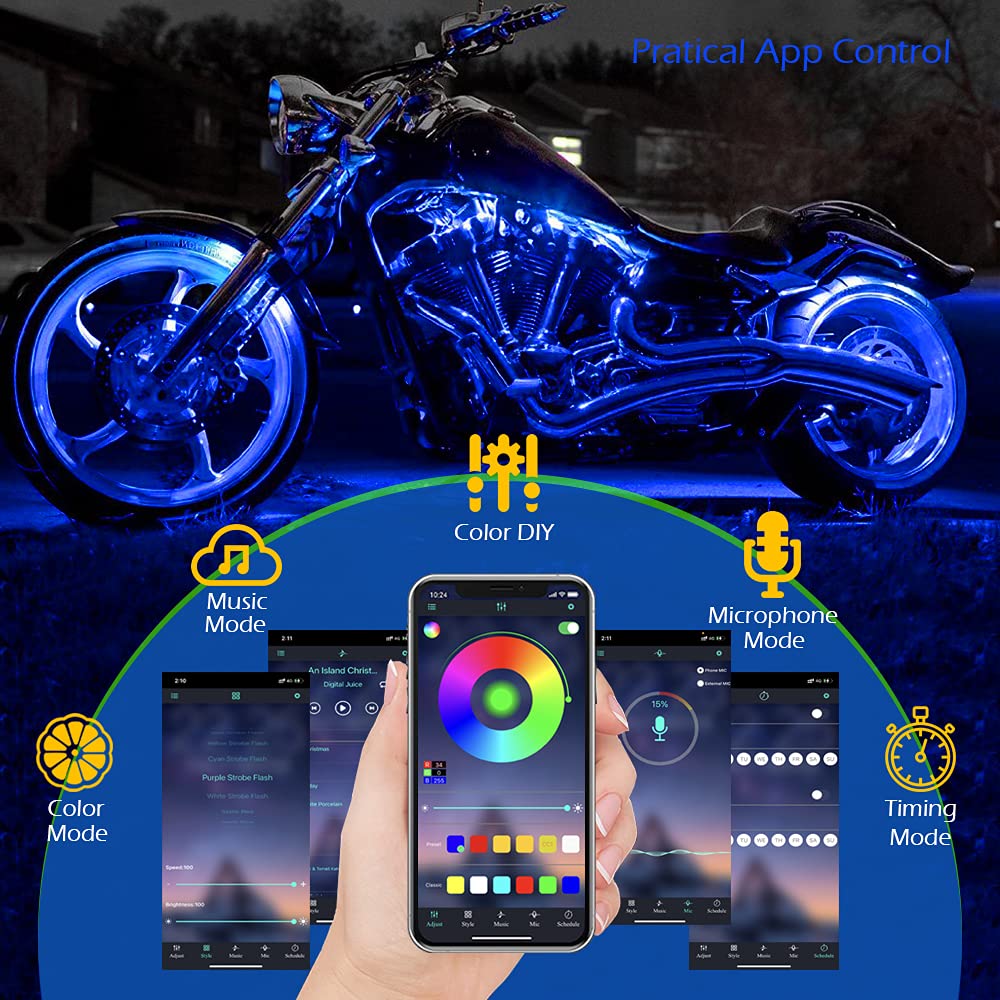 Shinight 14 Pcs Motorcycle Led Light Kits, App Control Multicolor Waterproof Motorcycle Led Strip Lights With Rf Remote, Music S