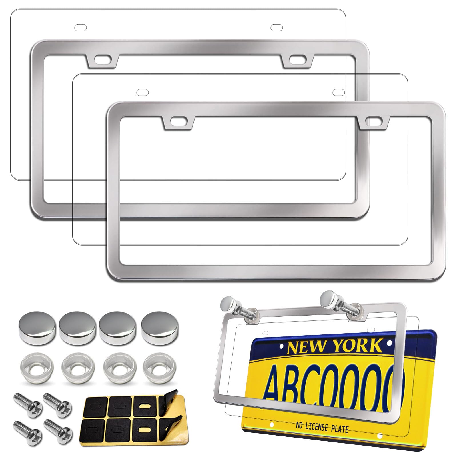 Aootf License Plate Frames Covers - Stainless Steel Car Tag Holder And Clear Flat Shield, Unbreakable Front Rear Protector With