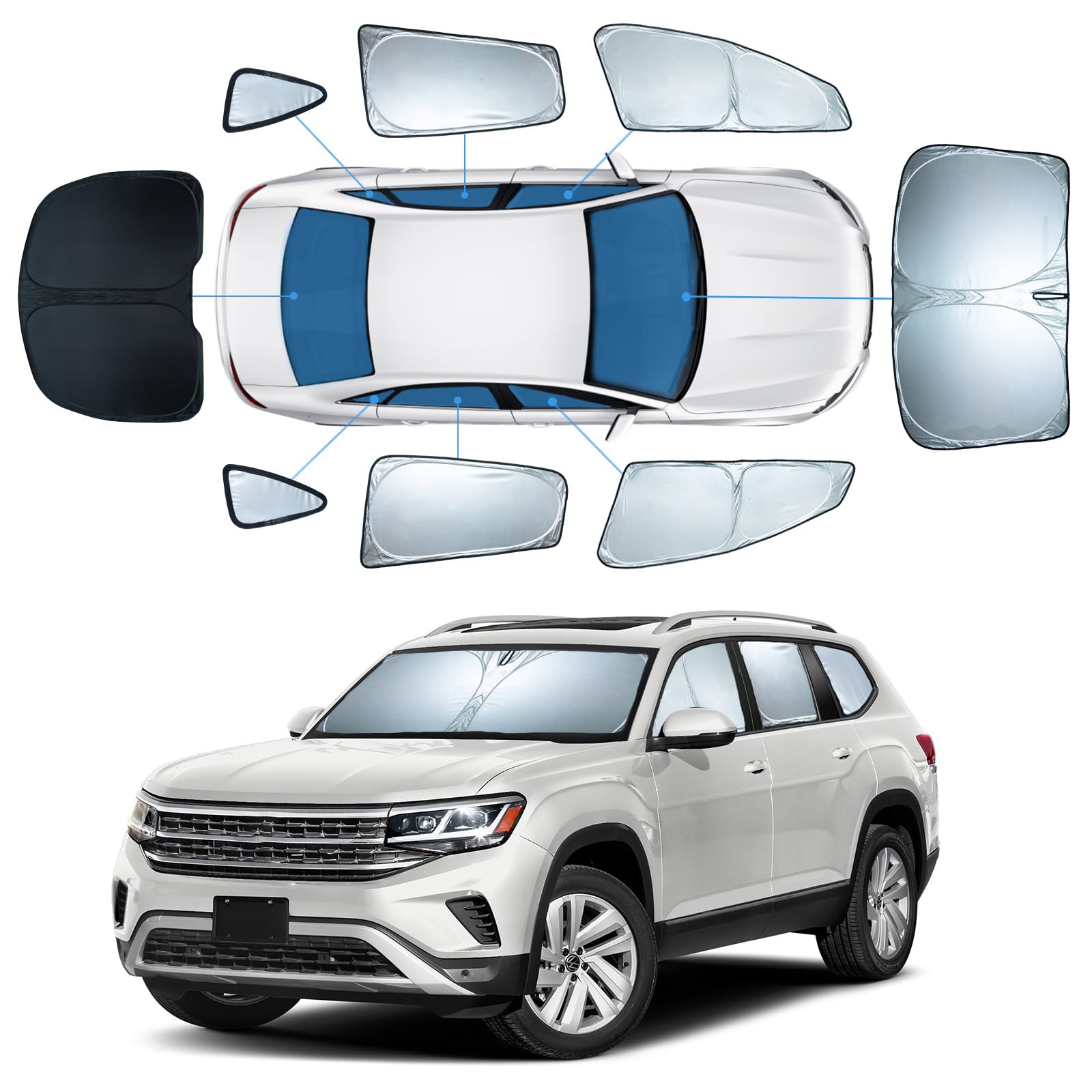 8 PCS Sun Shades for Volkswagen Atlas Windshield Sunshade, 2-Layer Full Window Shades for Atlas 2018-2025 Front Rear Side Window