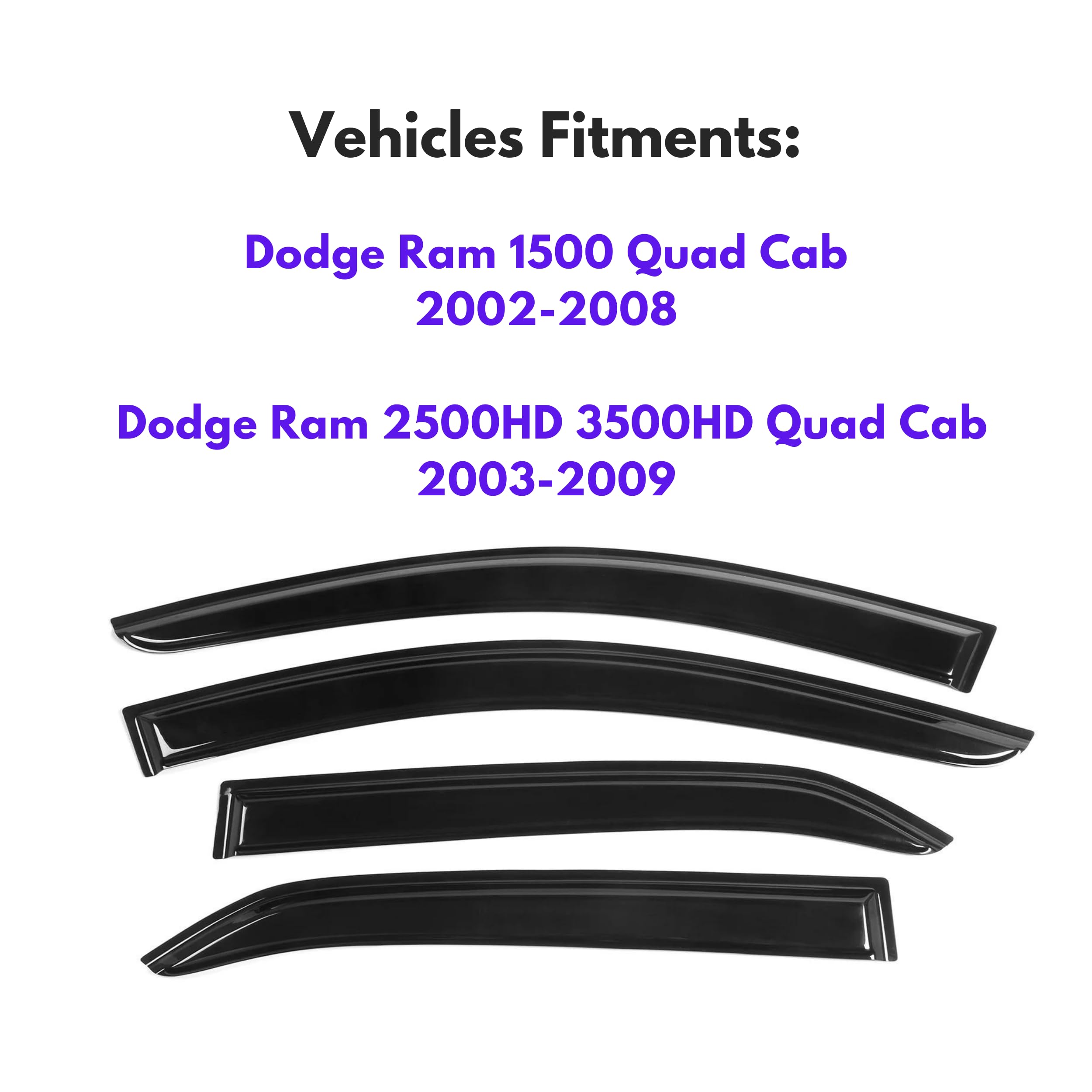Ig Window Visor For 2002-2008 Dodge Ram 1500 Quad Cab & 2003-2009 Ram 2500Hd 3500Hd Quad Cab, Rain Guard Tape-On Side Vent Defle