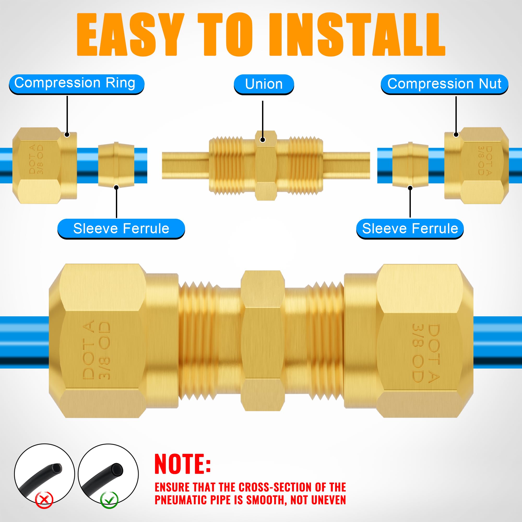 Ailbiuko 74Pcs Dot Air Brake Line Fittings,Brass Compression Air Nylon Tubing Fittings Assortment Kits 1/4'' 1/8'' 3/8'' 1/2'' 5