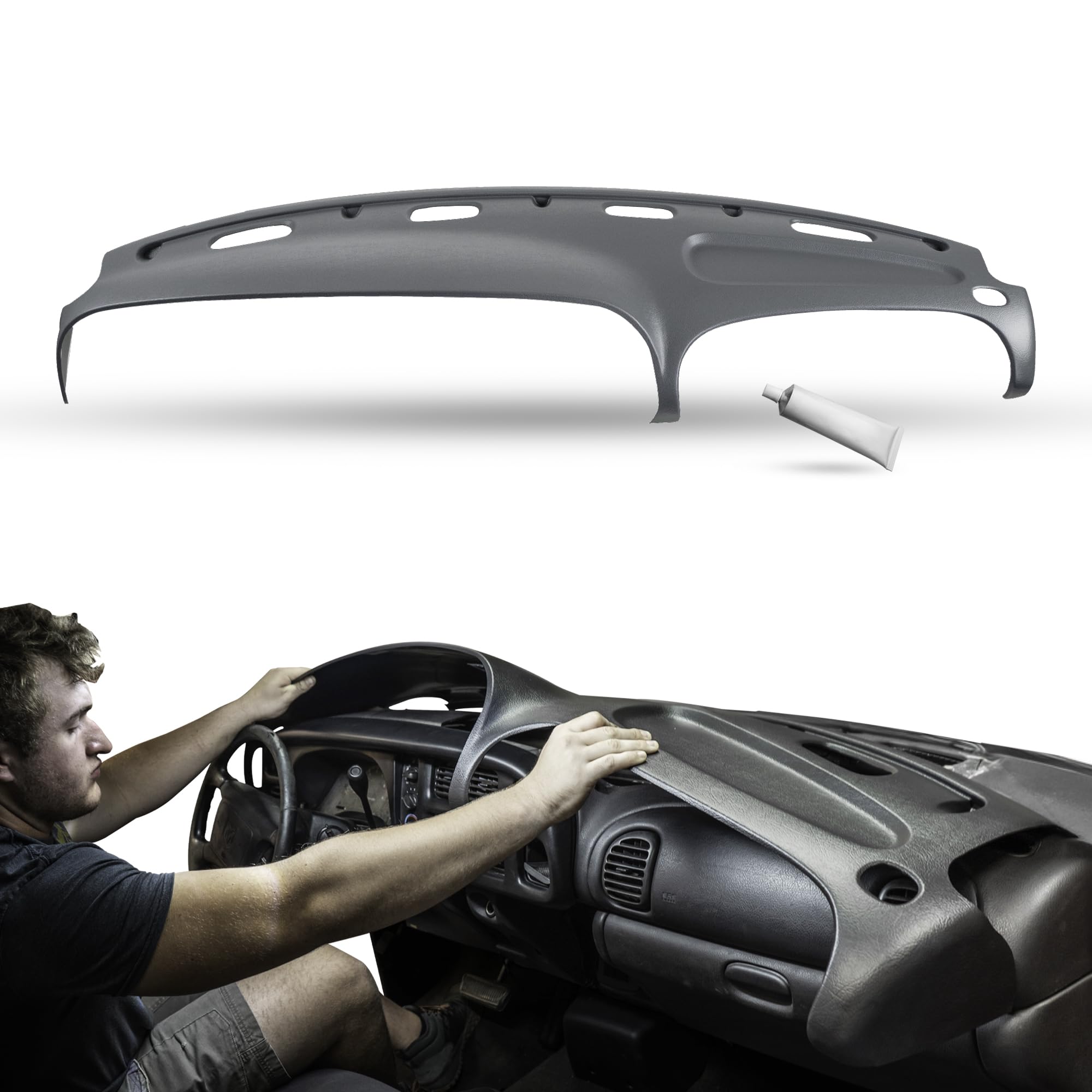 Dashskin Molded Dash Cover Cap Compatible With 1998 1999 2000 2001 Dodge Ram 1500 (98-02 Ram 2500 & 3500) In Mist Grey - Made In