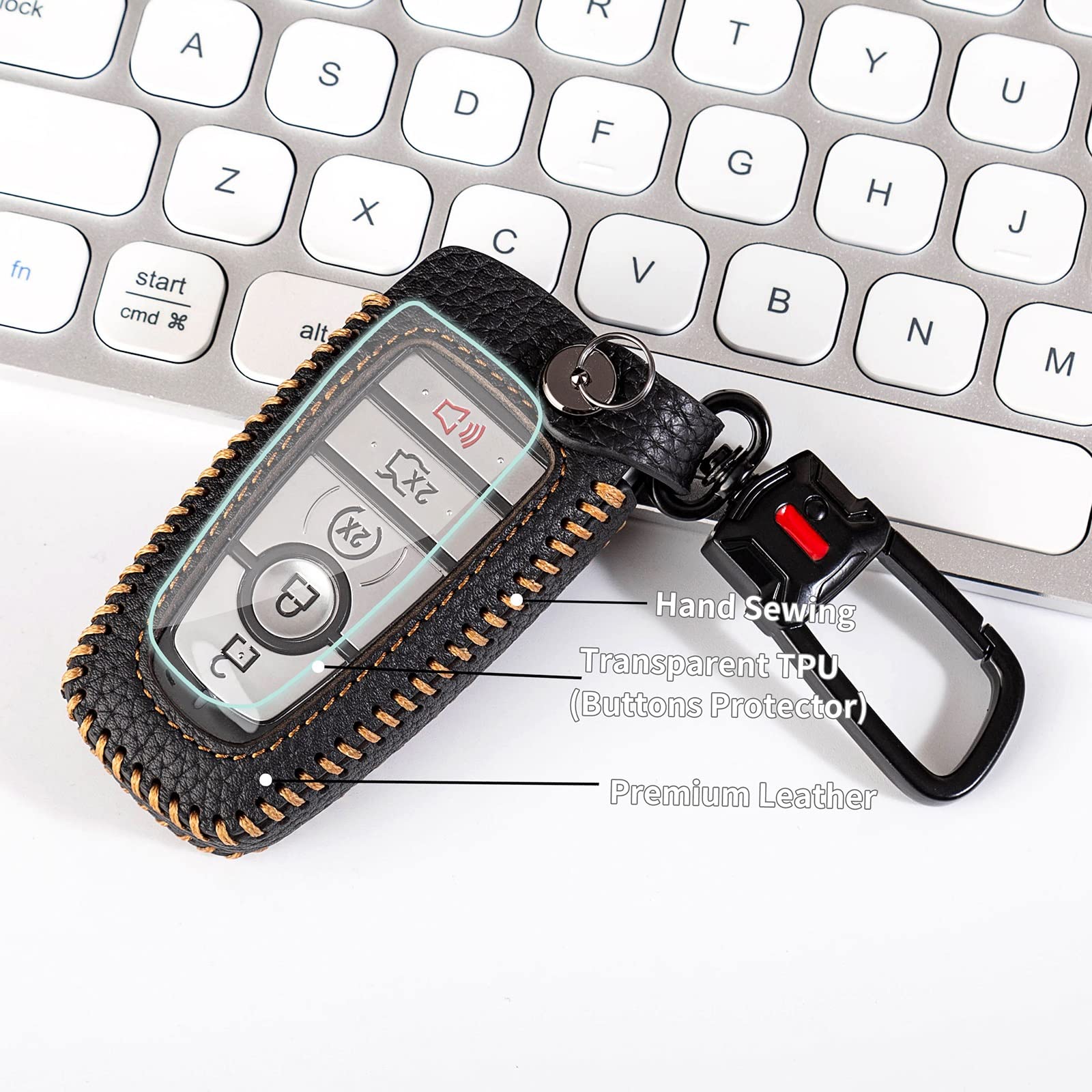 Yonufi For Ford Key Fob Cover Keychain Leather Car Smart Key Case Protector Holder Compatible With 2017-2024 Bronco Escape Musta