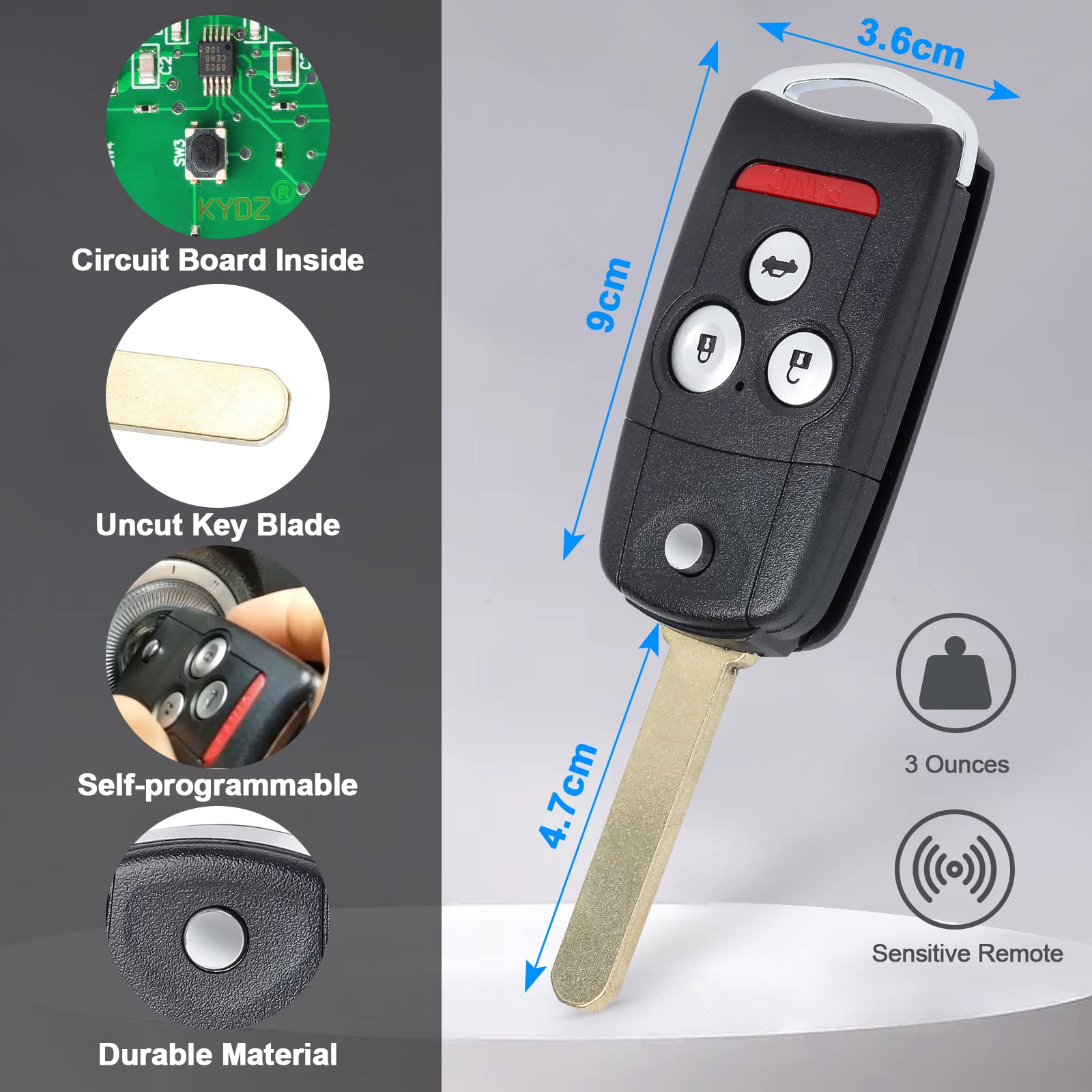 Keymall Car Key Fob Keyless Entry Remote Replacement For Acura Mdx/Rdx 2007 2008 2009 2010 2011 2012 2013 Fcc Id:N5F0602A1A P/N: