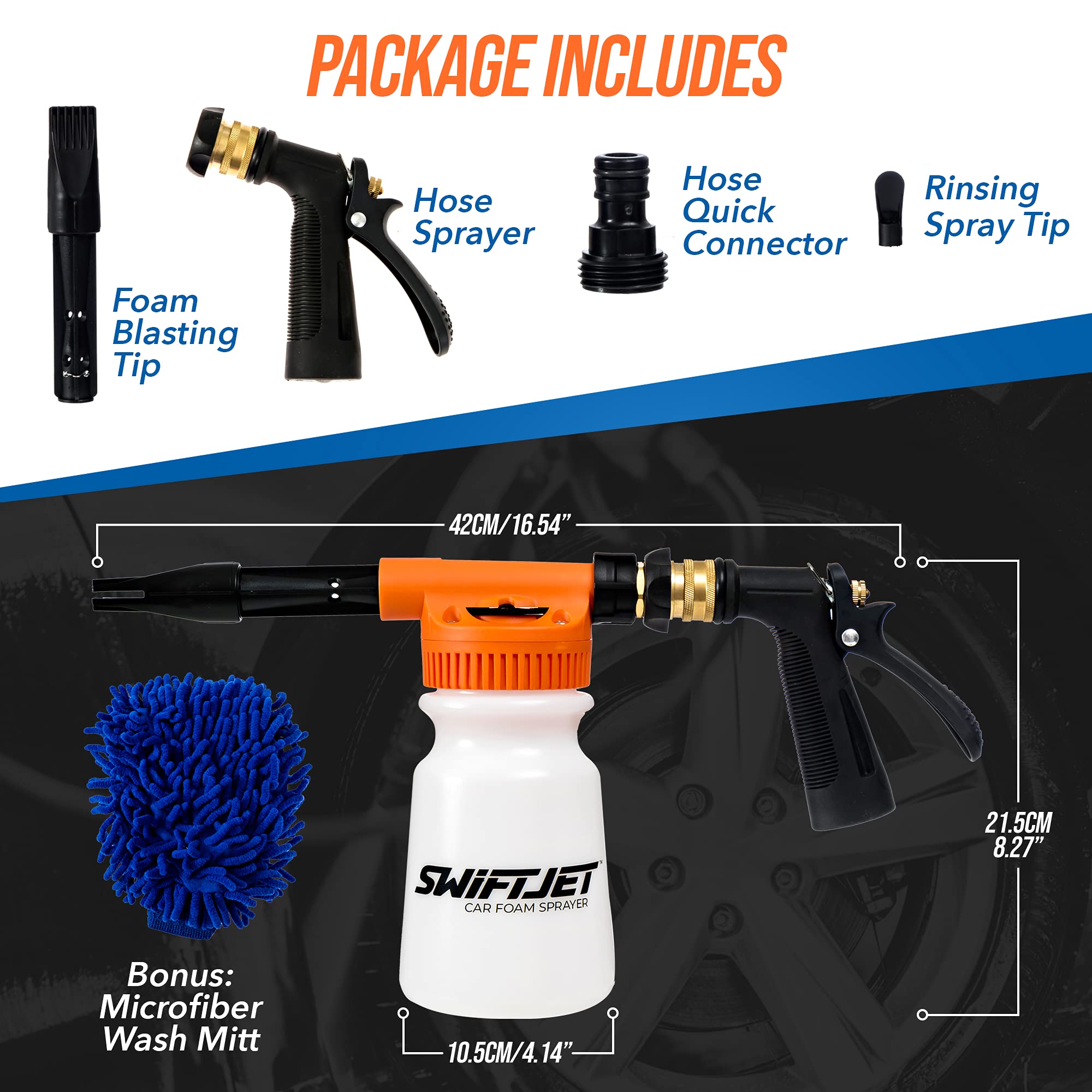 Swiftjet Car Wash Foam Gun + Microfiber Wash Mitt - Car Foam Sprayer - Foam Cannon Garden Hose - Spray Foam Gun Cleaner - Car Wa