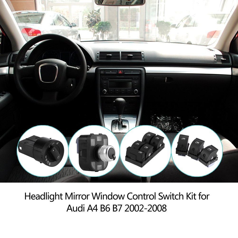 Headlight Switch, 6Pcs Car Headlight Mirror Window Master Control Switch Kit For A4 B6 B7 2002-2008