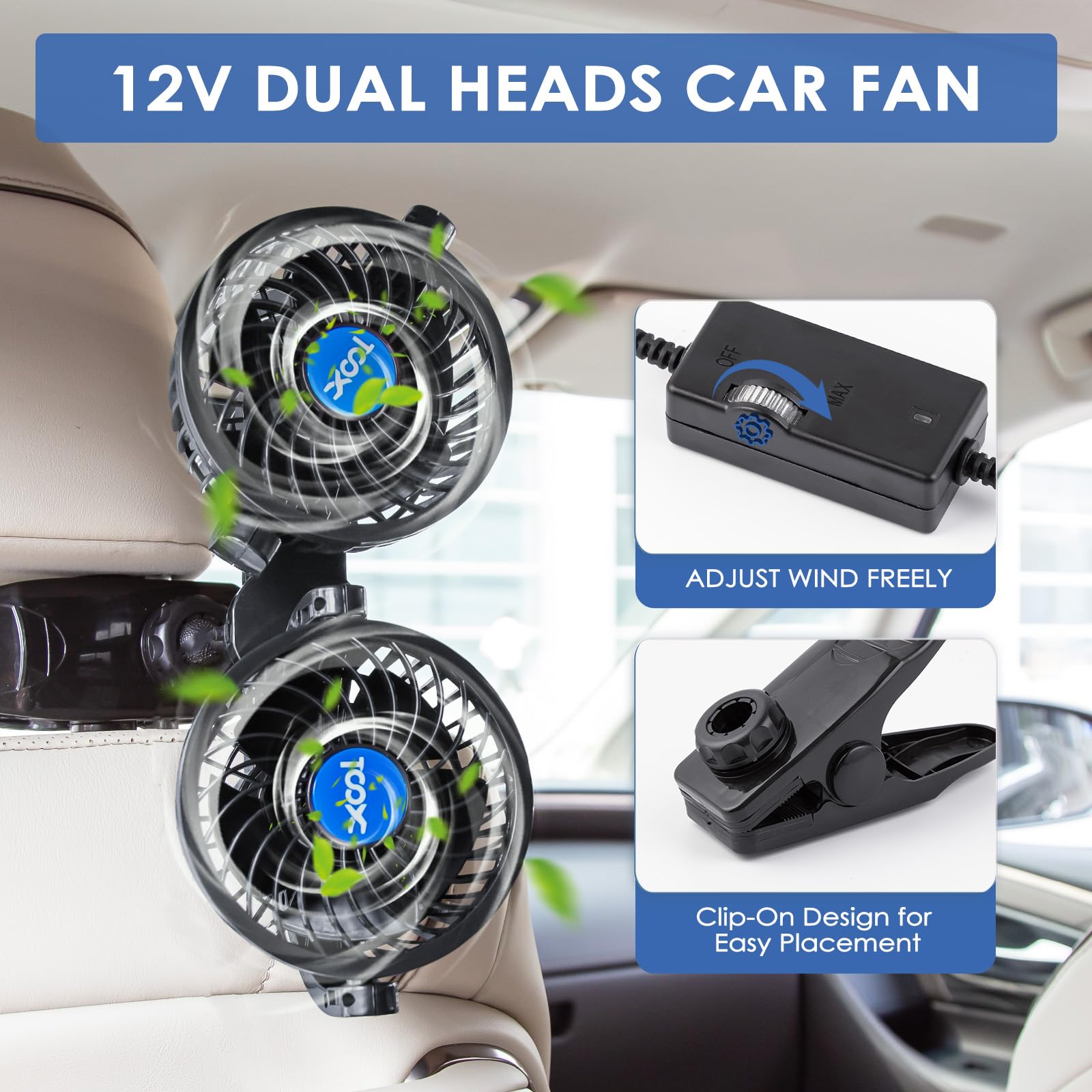 Xool Clip Car Fan, Adjustable Dual Head 4 Inches 12V Fan For Front/Rear Seat Passenger, 360 Rotatable Electric Car Cooling Fans