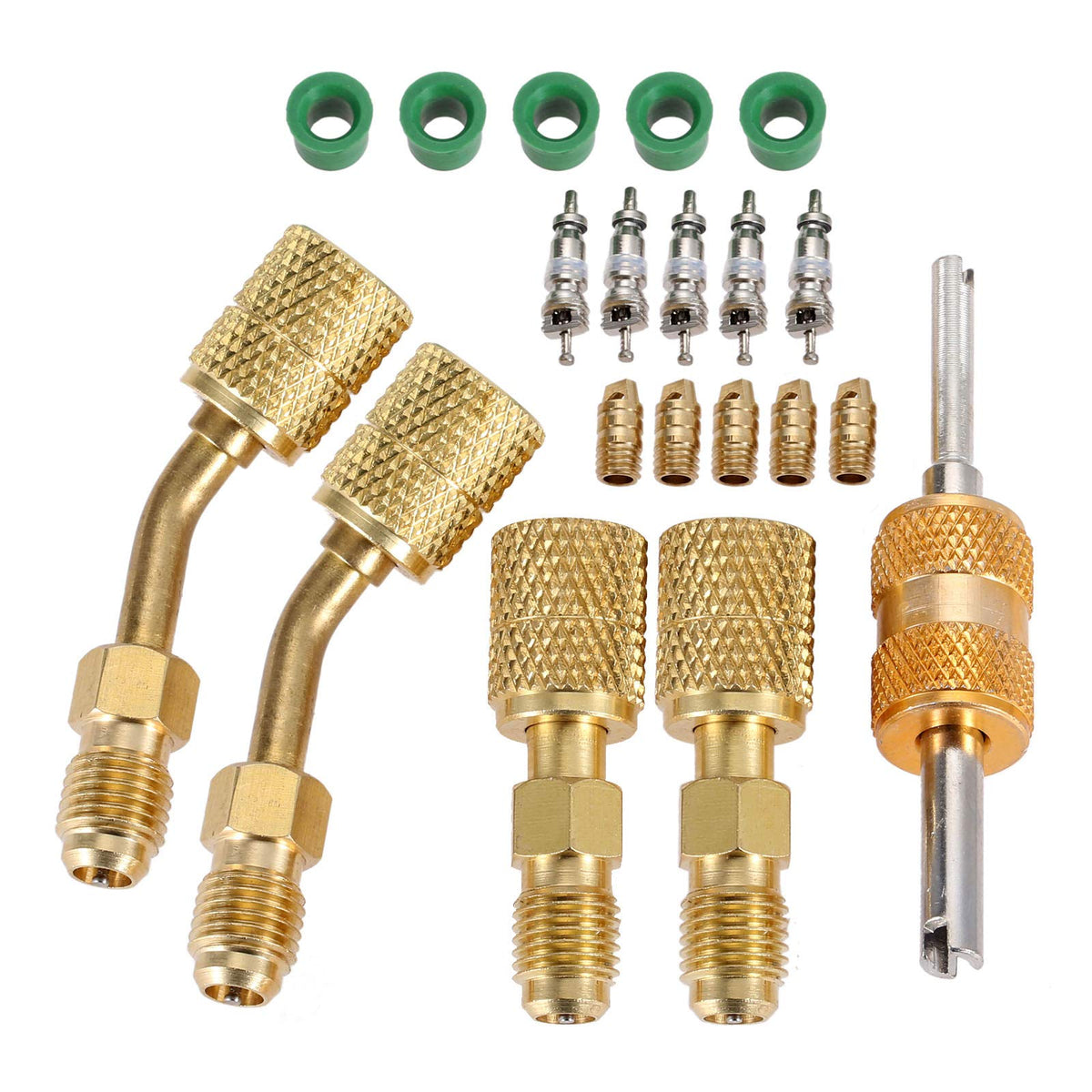 R410A Adapter For Mini Split System, Charging Vacuum Port Adapter, 5/16 Female 1/4 Male Flare, Valve Core Remover, R134A Hose Ga