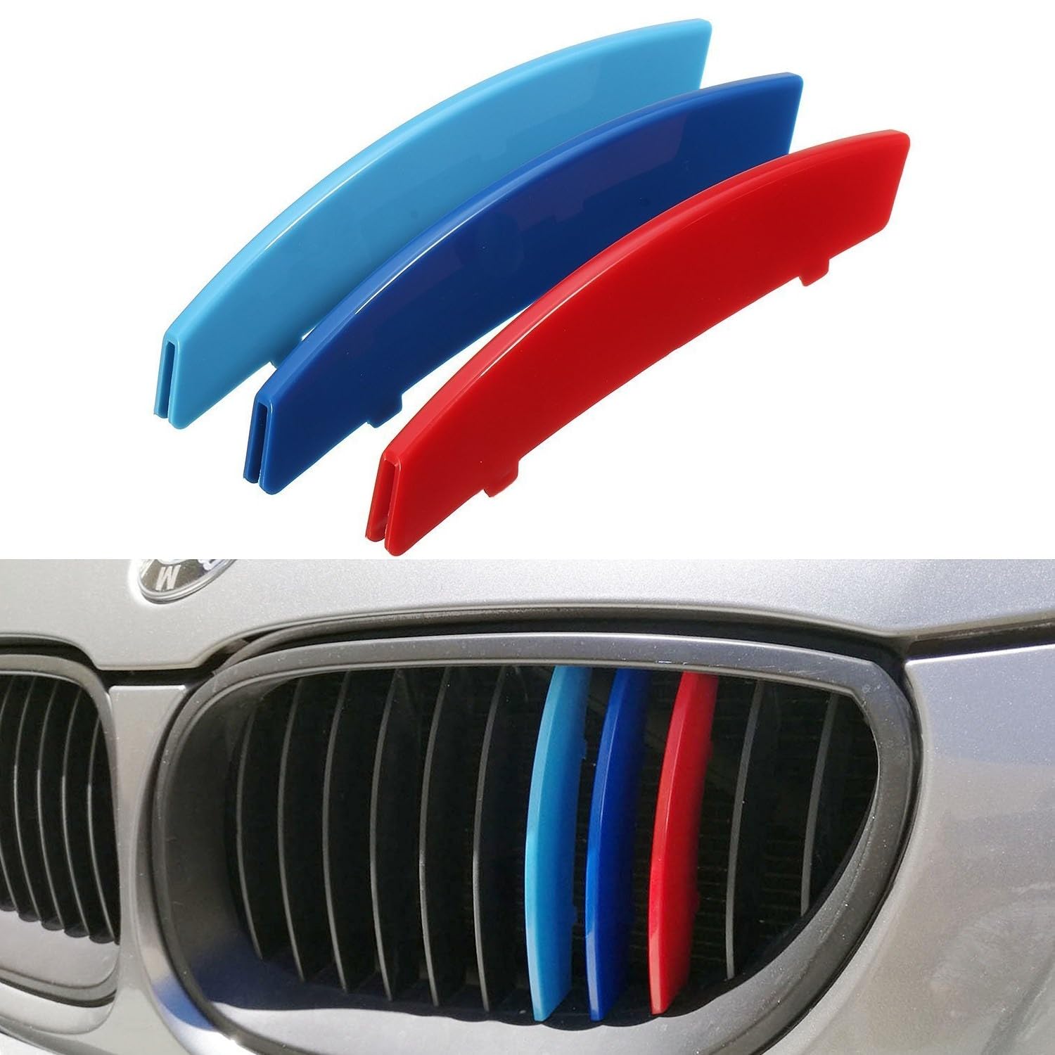 Xotic Tech M-Colored Tri Grille Insert Trims Strips, Front Center Kidney Grilles Compatible With Bmw 5 Series E60 525I 528I 530I