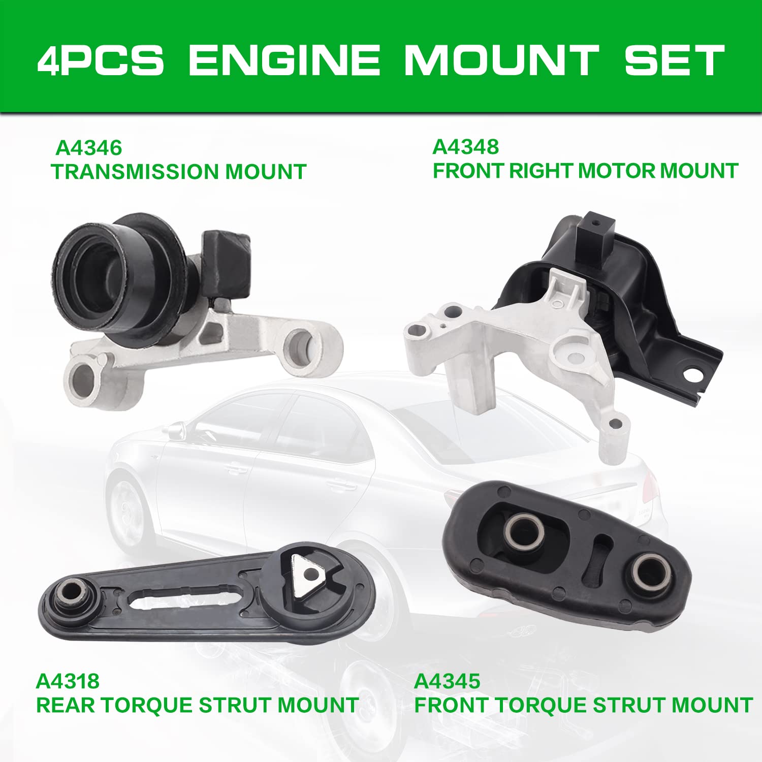 Engine Motor Mount Compatible With 2007 2008 2009 2010 2011 2012 Nissan Sentra 2.0L W/Auto Cvt Oe A4345 A4346 A4348 A4318 Set Of