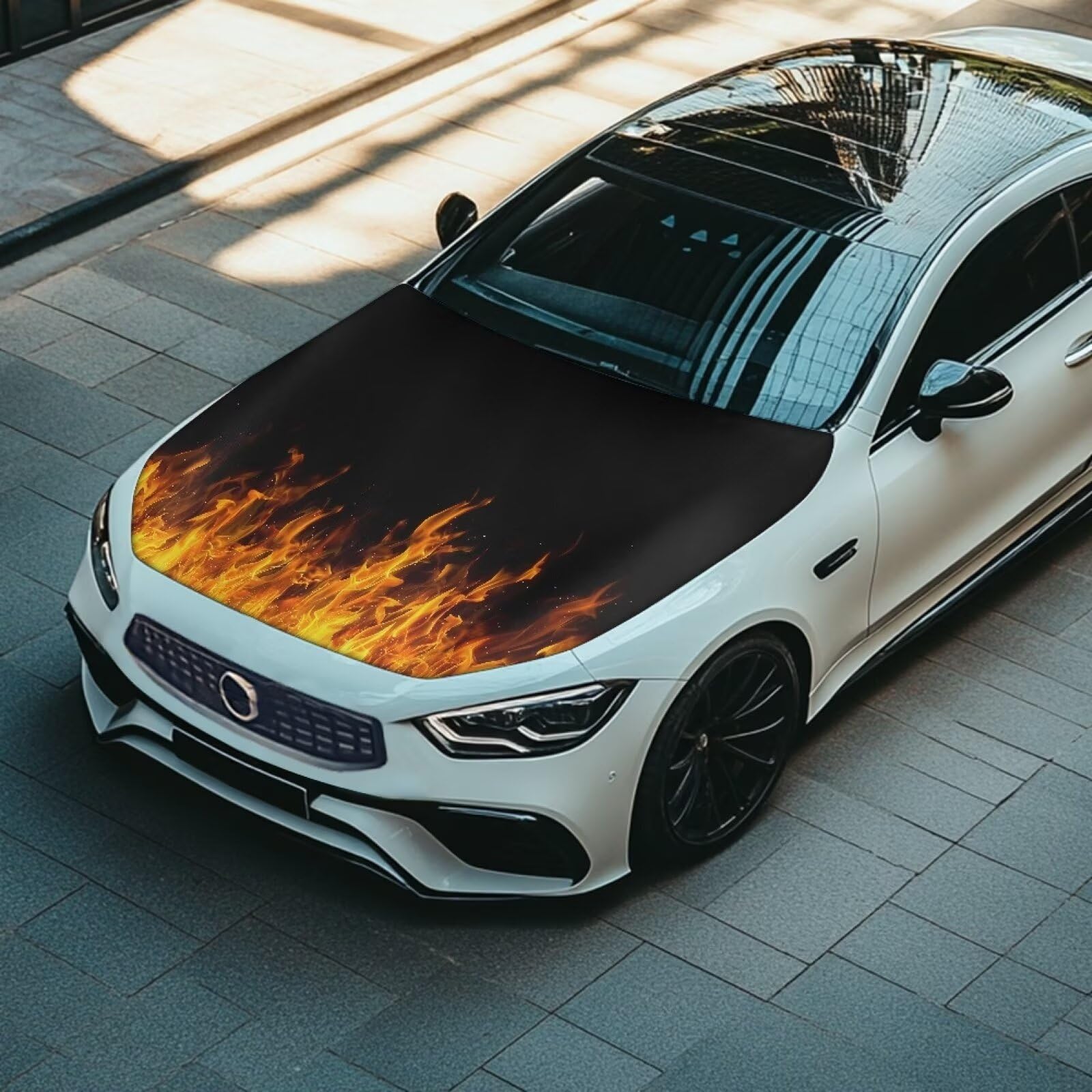 Qiyupavto Bonfire Print Car Hood Cover Elastic Fabric Covers for Car Hood Stretchable Universal Auto Accessories Easy Installati