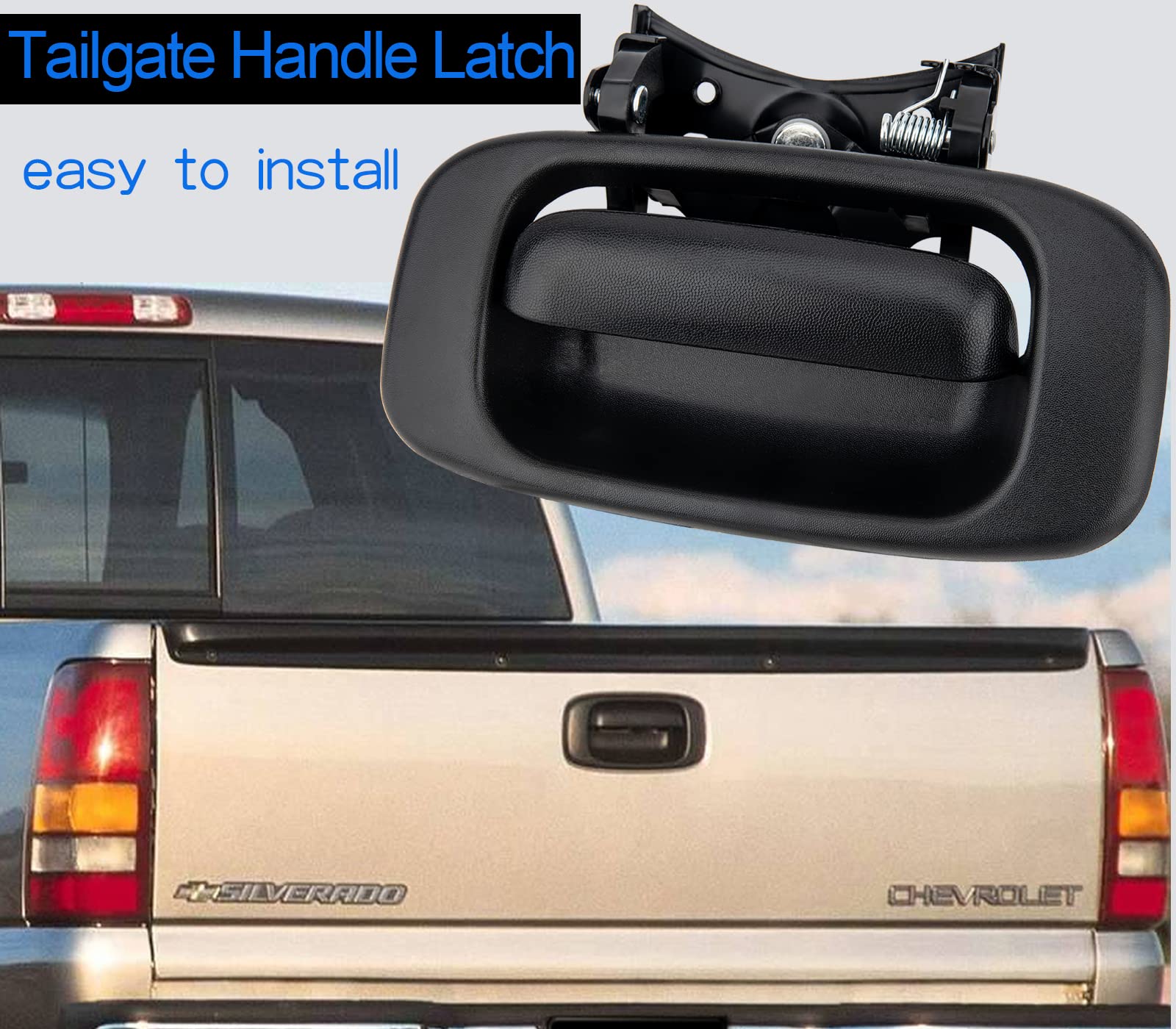 Tailgate Handle Latch Compatible for 1999-2007 Chevy Silverado GMC Sierra 1500 2500 3500 with Bezel Trim and Rod Clips, Replaces
